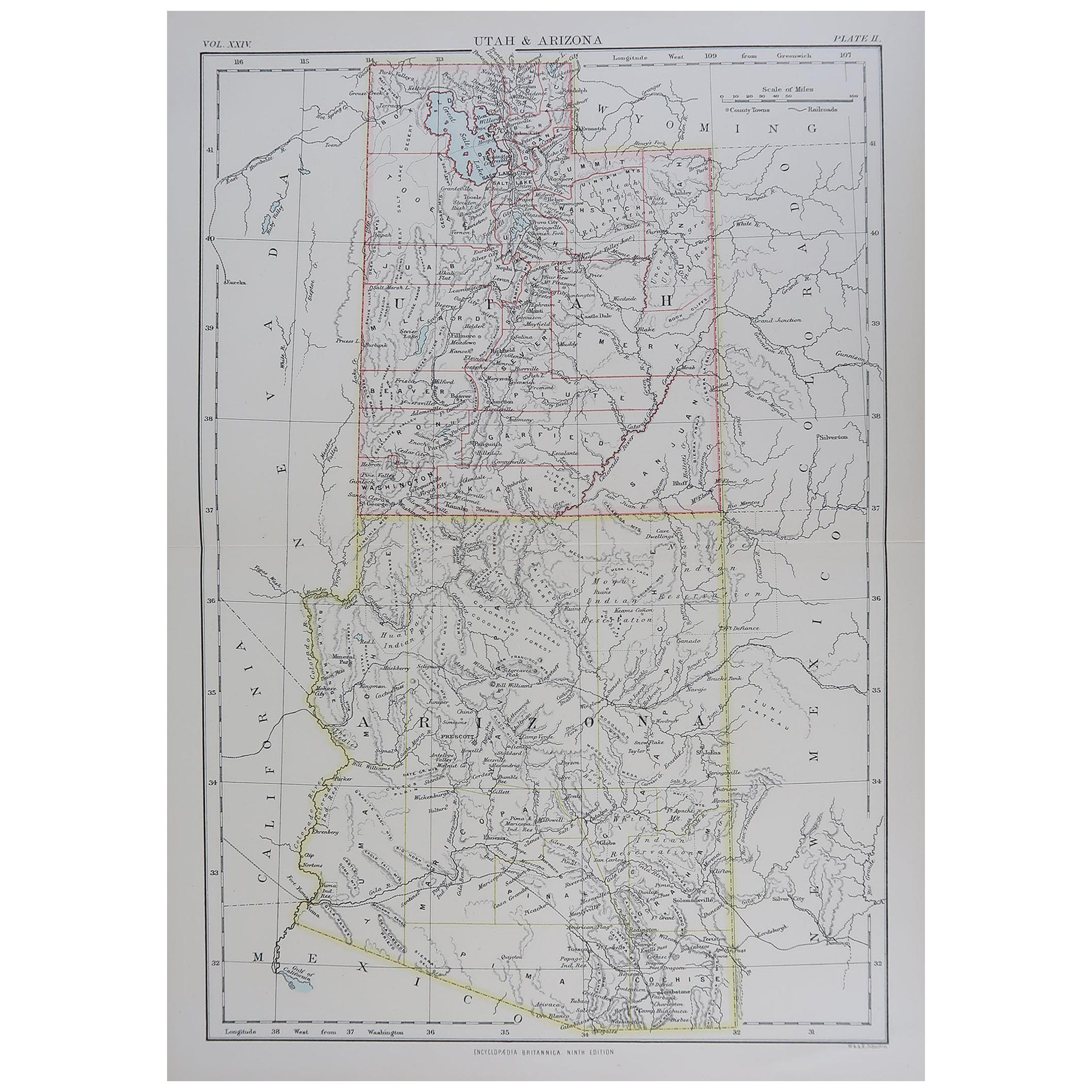 Original Antique Map of The American States of Utah & Arizona, 1889