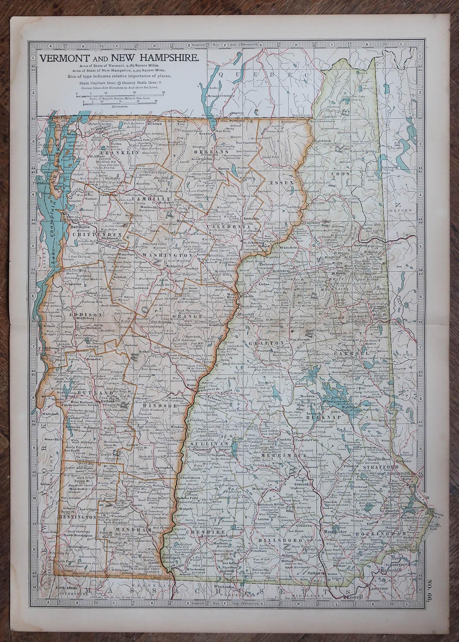 Anglais Carte ancienne des États américains du Vermont et du New Hampshire, 1903 en vente