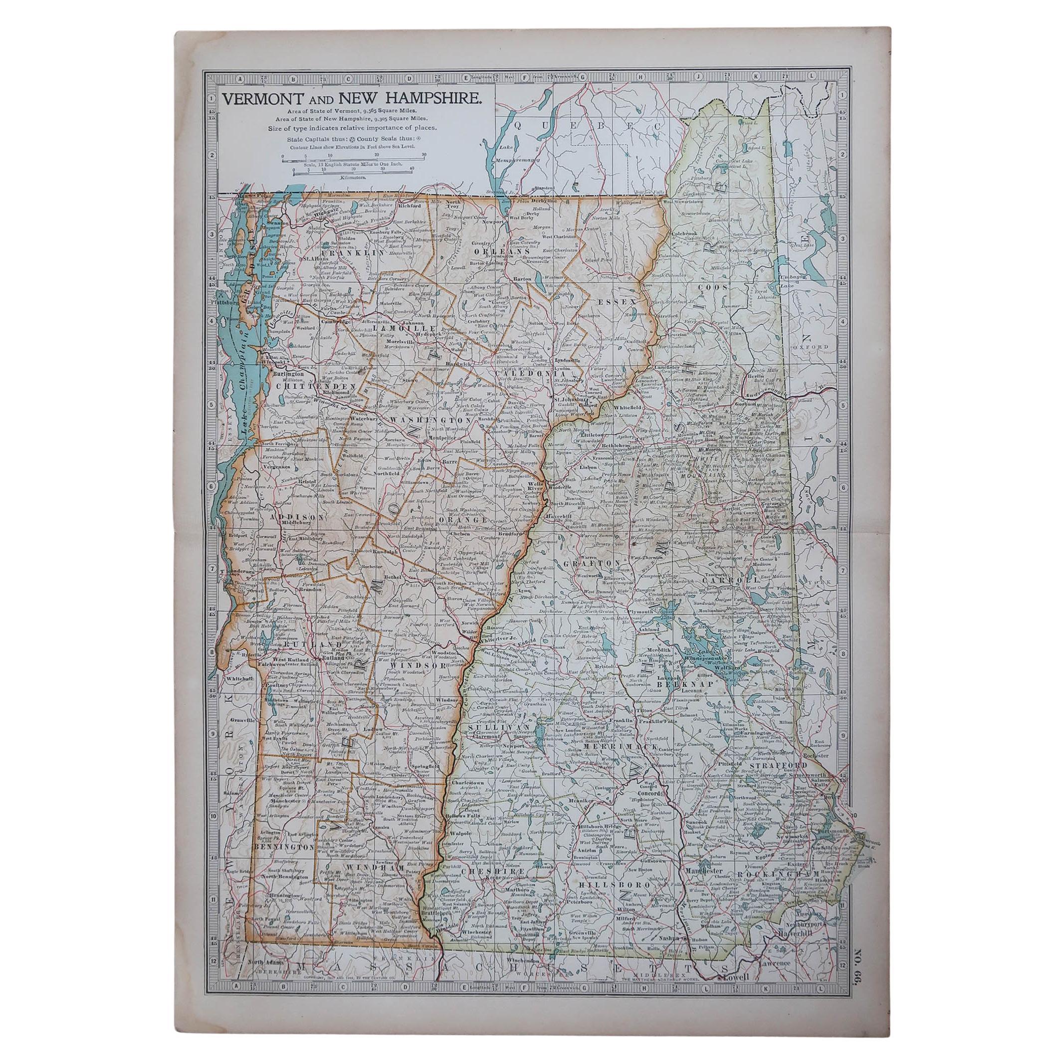Mappa antica originale degli Stati americani del Vermont &New Hampshire, 1903