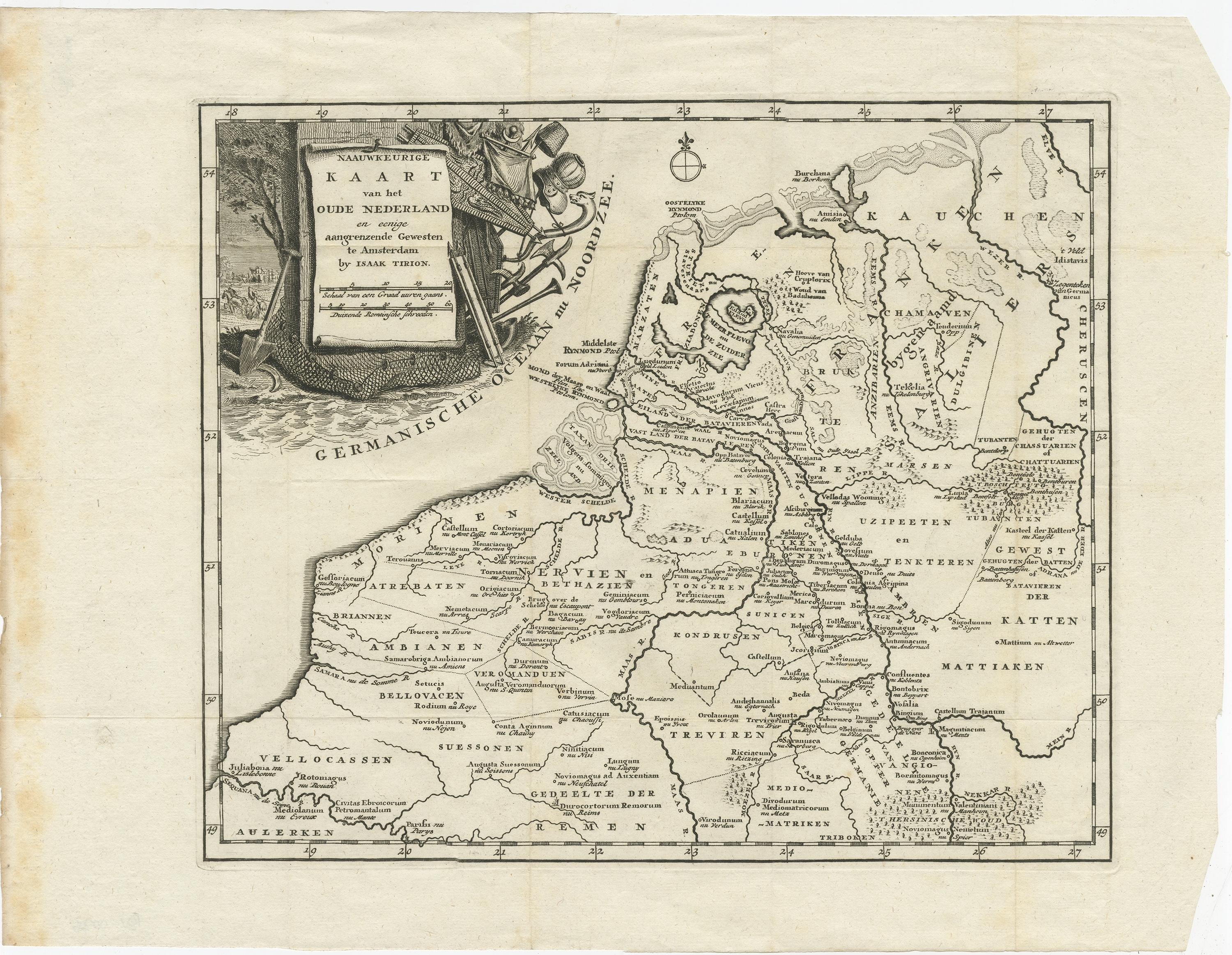 Description: Antique map titled 'Naauwkeurige Kaart van het Oude Nederland (..)'. 

Original antique map of the Netherlands and Belgium. This map originates from 'Vaderlandsche historie' by J. Wagenaar, published circa 1750. 

Artists and