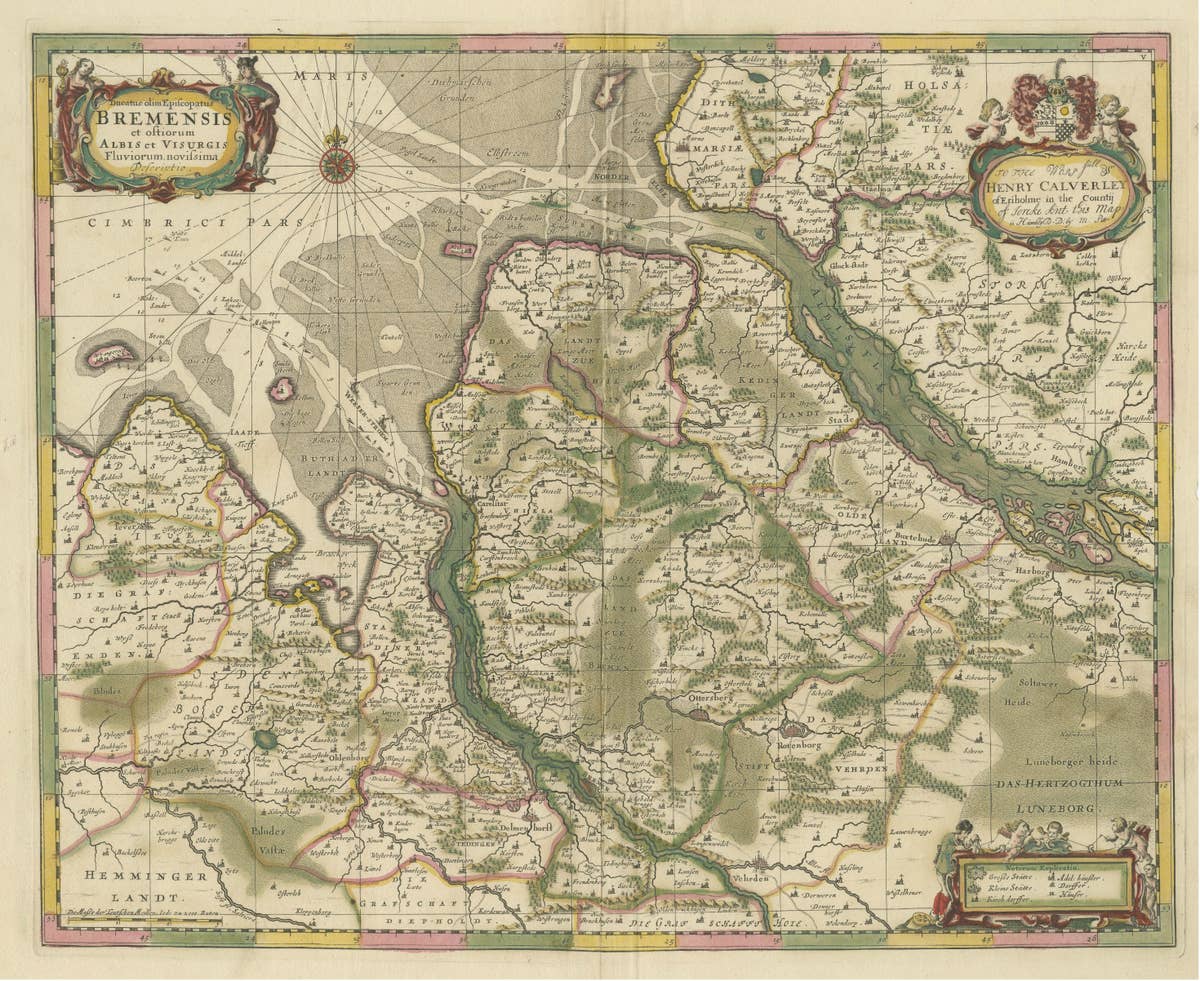 Original Antique Map of the Area of Bremen and Lower Saxony