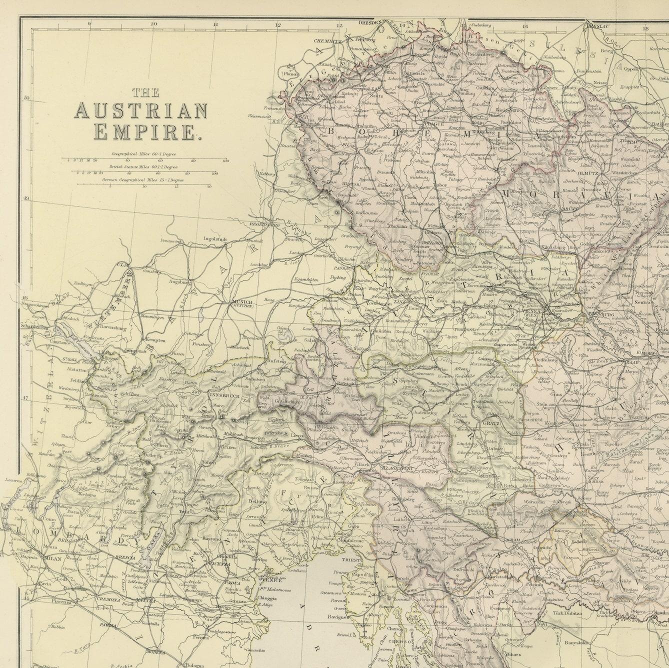 Late 19th Century Original Antique Map of The Austrian Empire, 1882 For Sale