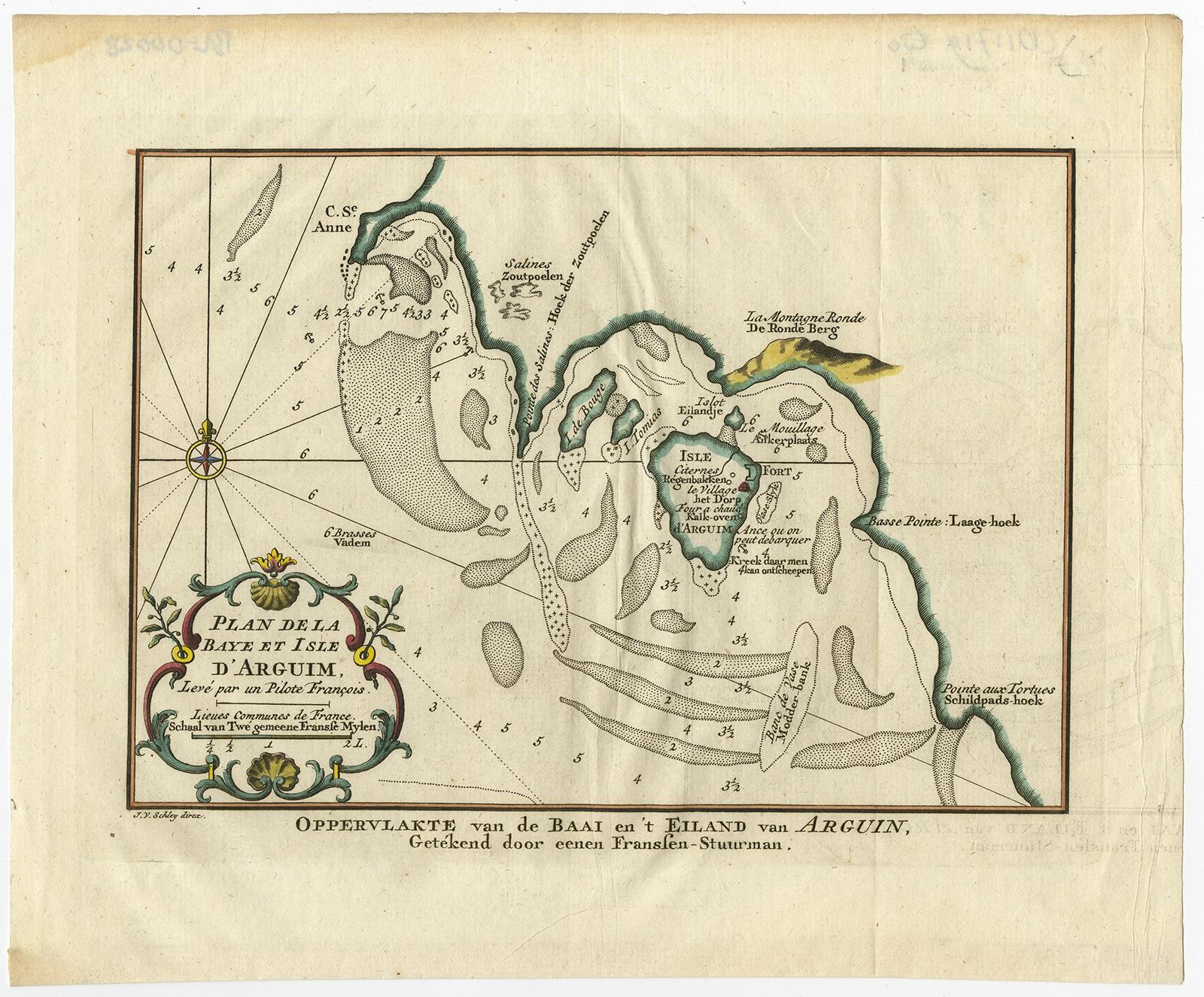Antique map titled ’Plan de la Baye et Isle d'Arguim (..) - Oppervlakte van de Baai en 't Eiland van Arguin (..)'. 

Original antique map of the bay and the island of Arguin. This map originates from 'Historische beschryving der Reizen (..)'