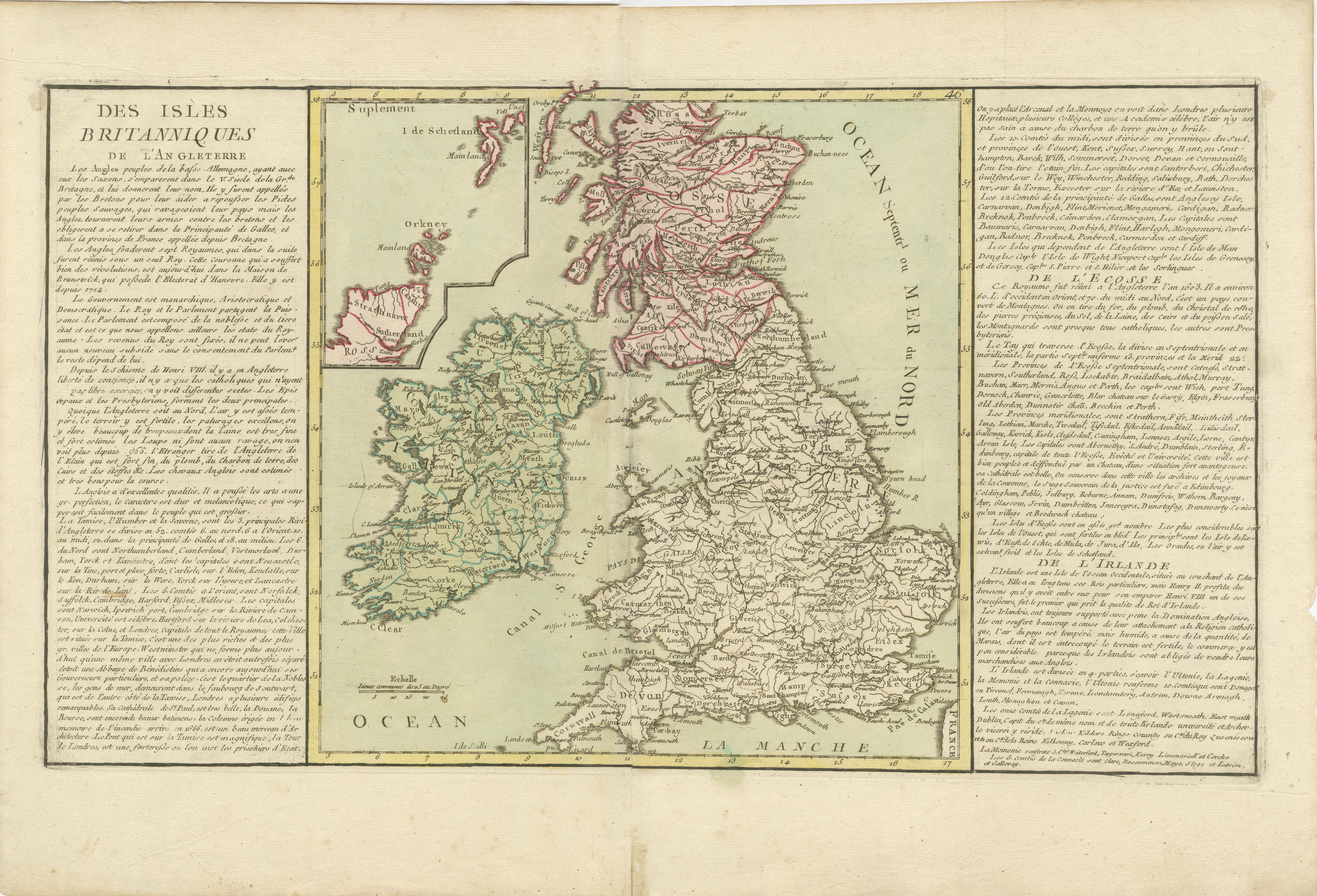Antique map titled 'Des Isles Britanniques'. Original antique map of the British isles. This map is divided in to three major regions of the 18th century United Kingdom: England, Ireland, and Scotland. It is color coded and thoroughly labeled with
