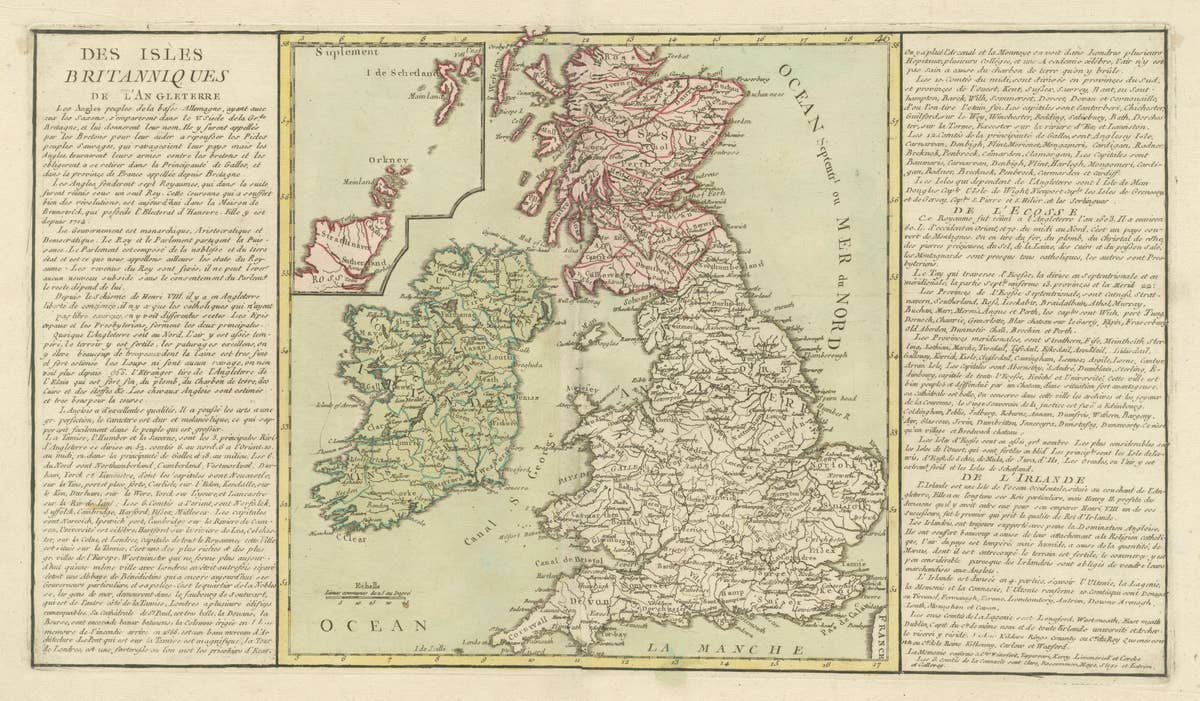 Original Antique Map of the British Isles Surrounded by Text