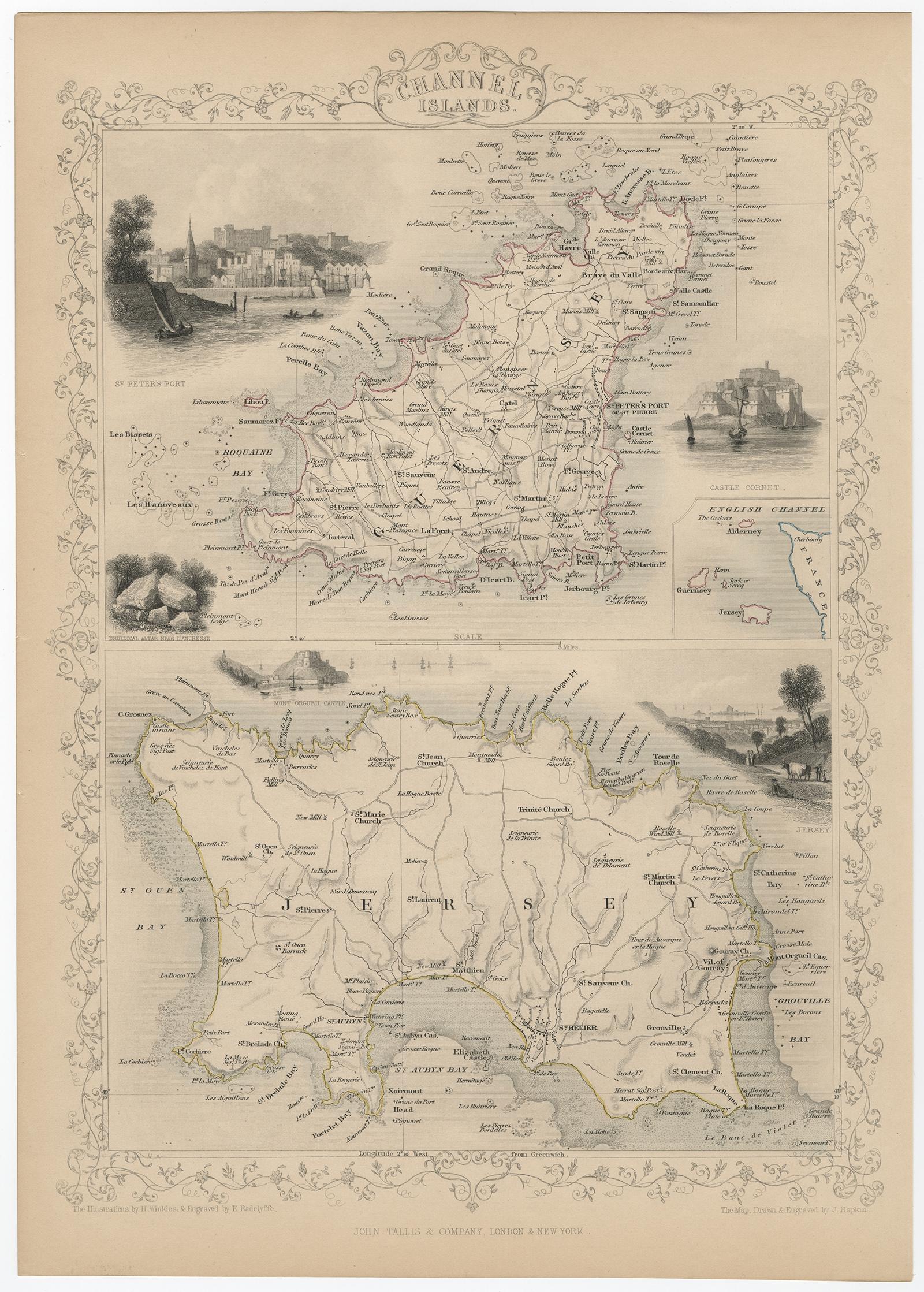 Antique map titled ‘Channel Islands’. 

Includes decorative vignettes titled St. Peters Port, Castle Cornet, Druidical altar near Lancresse, Mont Orgueil Castle and Jersey. Originates from 'The Illustrated Atlas, And Modern History Of The World