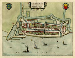 Original Antique Map of the City of Stavoren, Friesland, The Netherlands, 1649