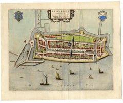 Original Antique Map of the City of Stavoren, Friesland, The Netherlands, 1649