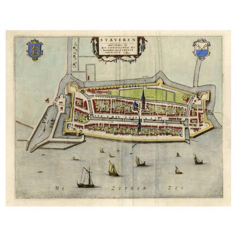 Original Antique Map of the City of Stavoren, Friesland, The Netherlands, 1649