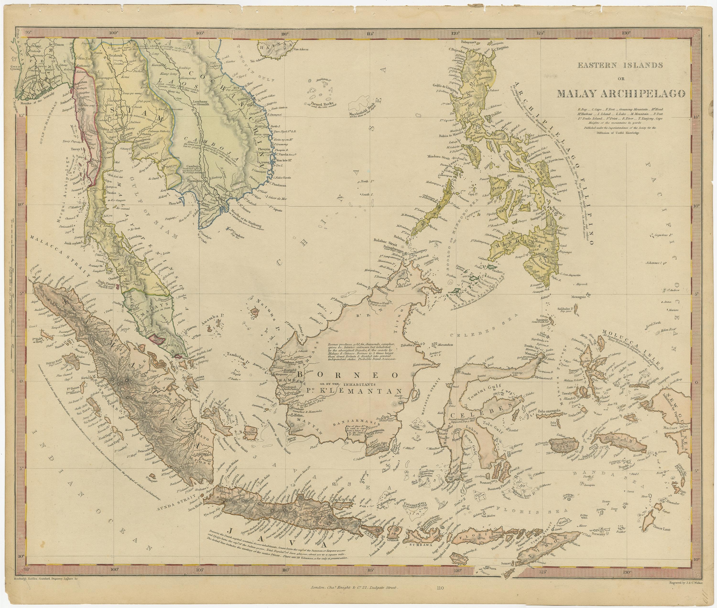Original antique map of the East Indies including Borneo, Celebes, Java, Sumatra and surrounding islands. Published circa 1840. 

Artists and Engravers: Engraved by J. & C. Walker. 

Condition: Good, general age-related toning. Minor wear, blank