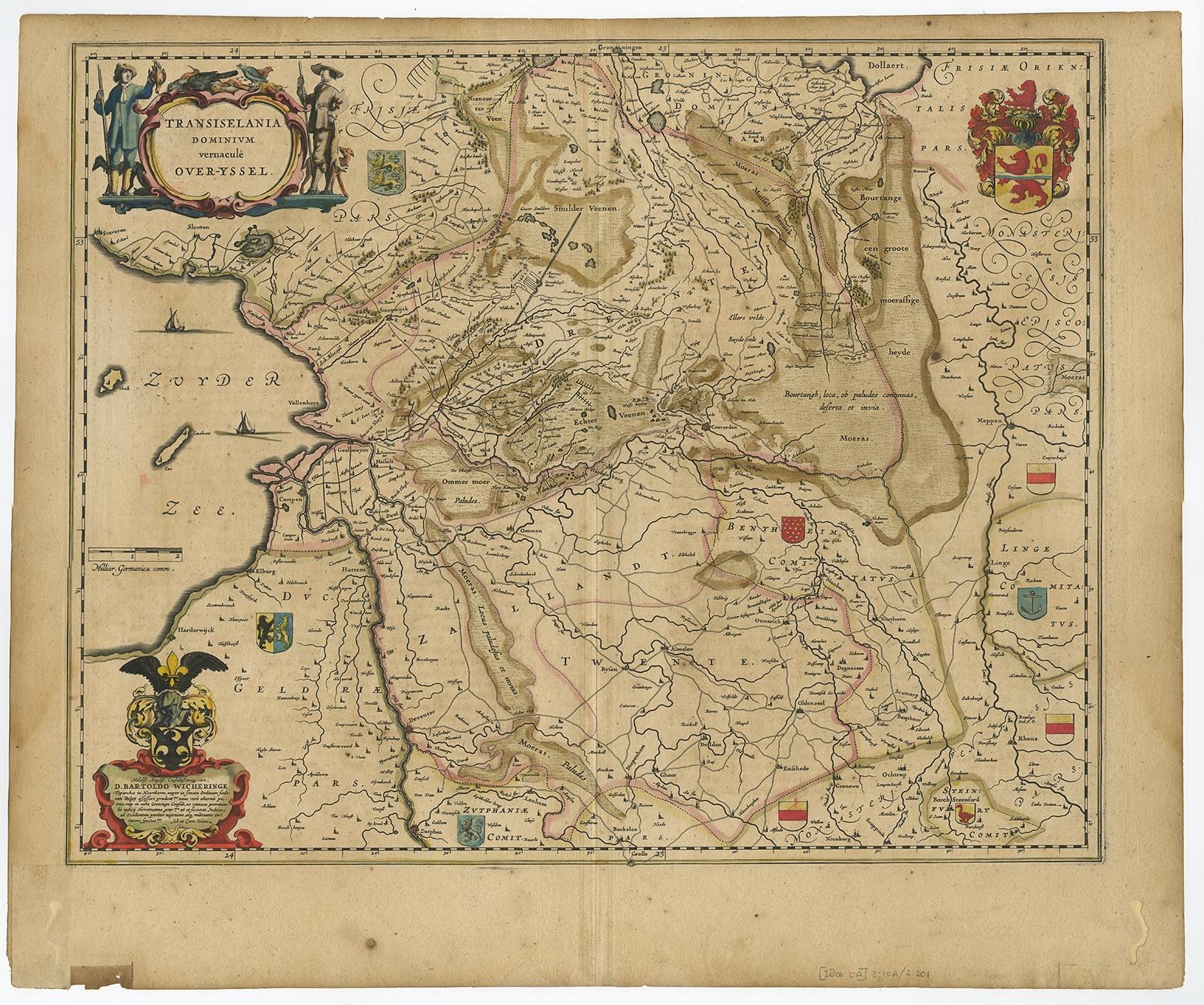 Antique map titled 'Transiselania Dominium vernacule Over-Yssel.' - Map of the Dutch Provinces of Overijssel and Drenthe. Dedicated to Mr. Bartold Wicheringe by Joan and Cornelis Blaeu. With many coats of arms and two beautiful cartouches. Source