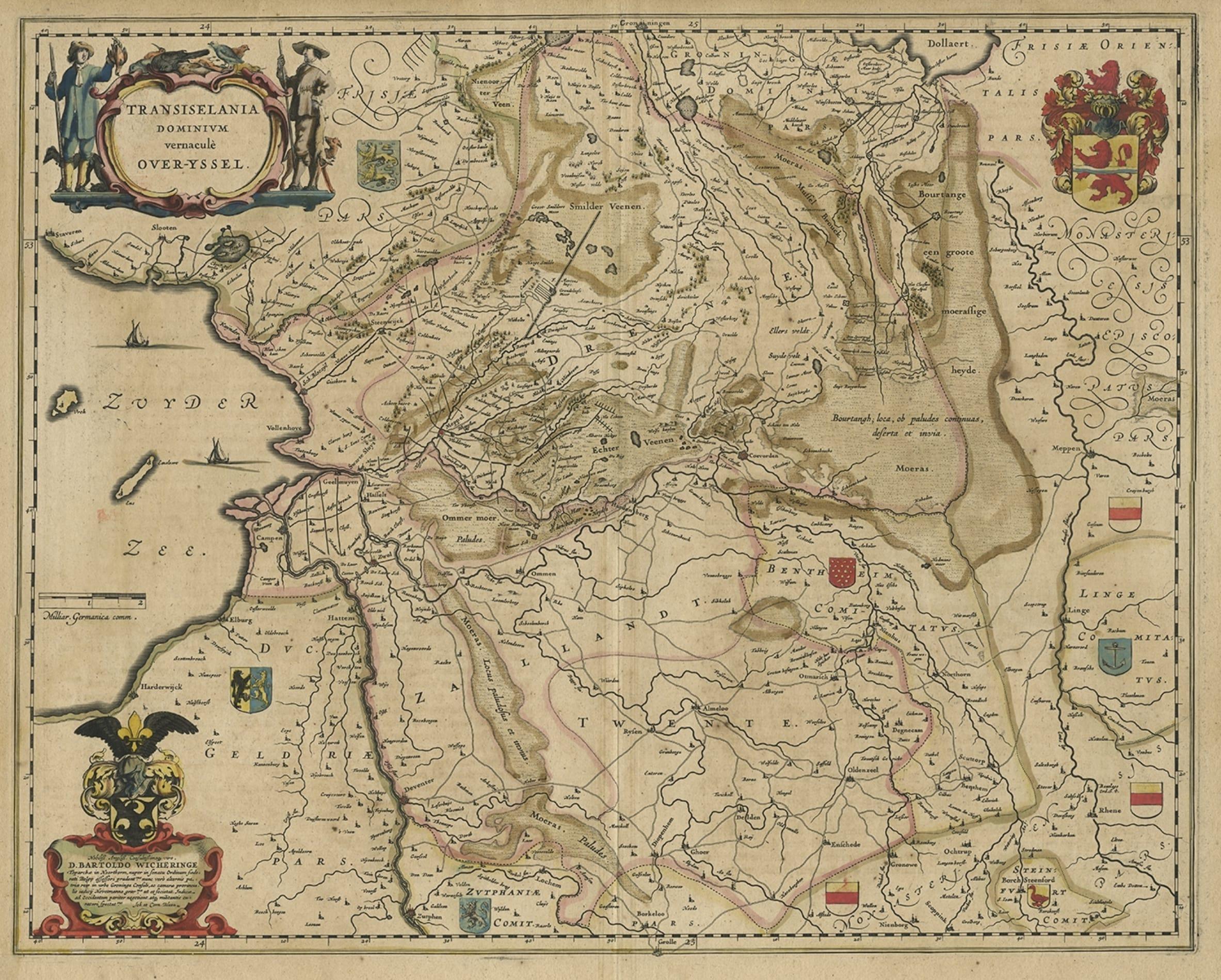 Antike Karte der niederländischen Provinzen Overijssel und Drenthe, 1635 im Zustand „Relativ gut“ im Angebot in Langweer, NL