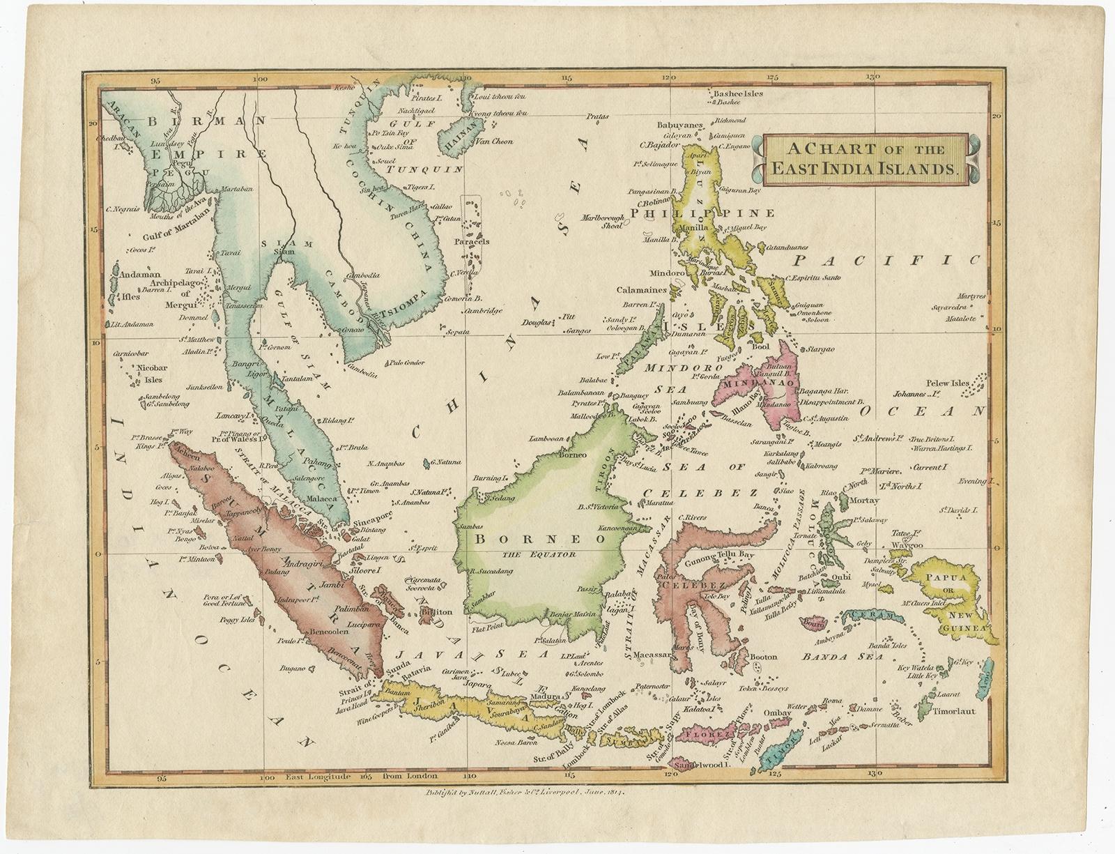 Antique map titled 'A Chart of the East India Islands'. 

Old map of the East Indies. This map originates from 'A New Geographical Dictionary; Containing a Description of all the Empires, Kingdoms, States and Provinces' by J.W. Clarke.

Artists