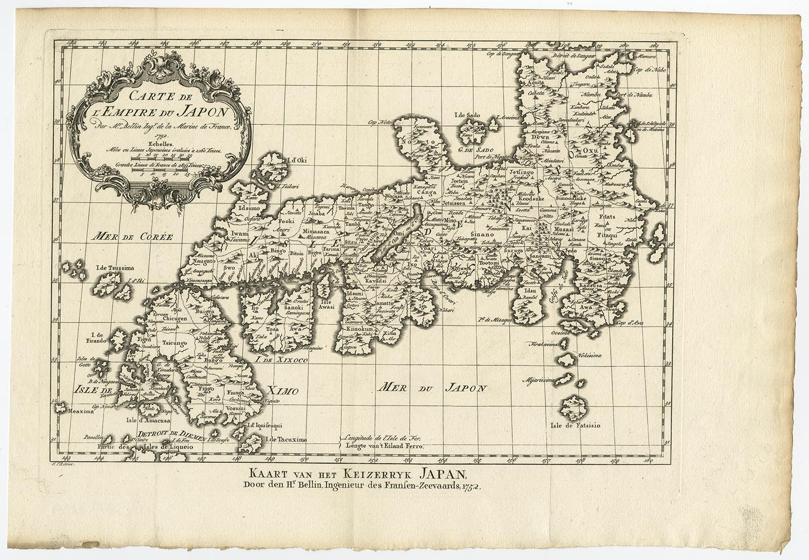 Antique map titled 'Carte de L'Empire de Japon (..).' 

Map of the Empire of Japan. Centered on the Bay of Osaka, this map covers from Hirado (here identified as I. Firando) and Nagasaki to Akita (Aquita), to include most of Tokugawa (Edo) Era