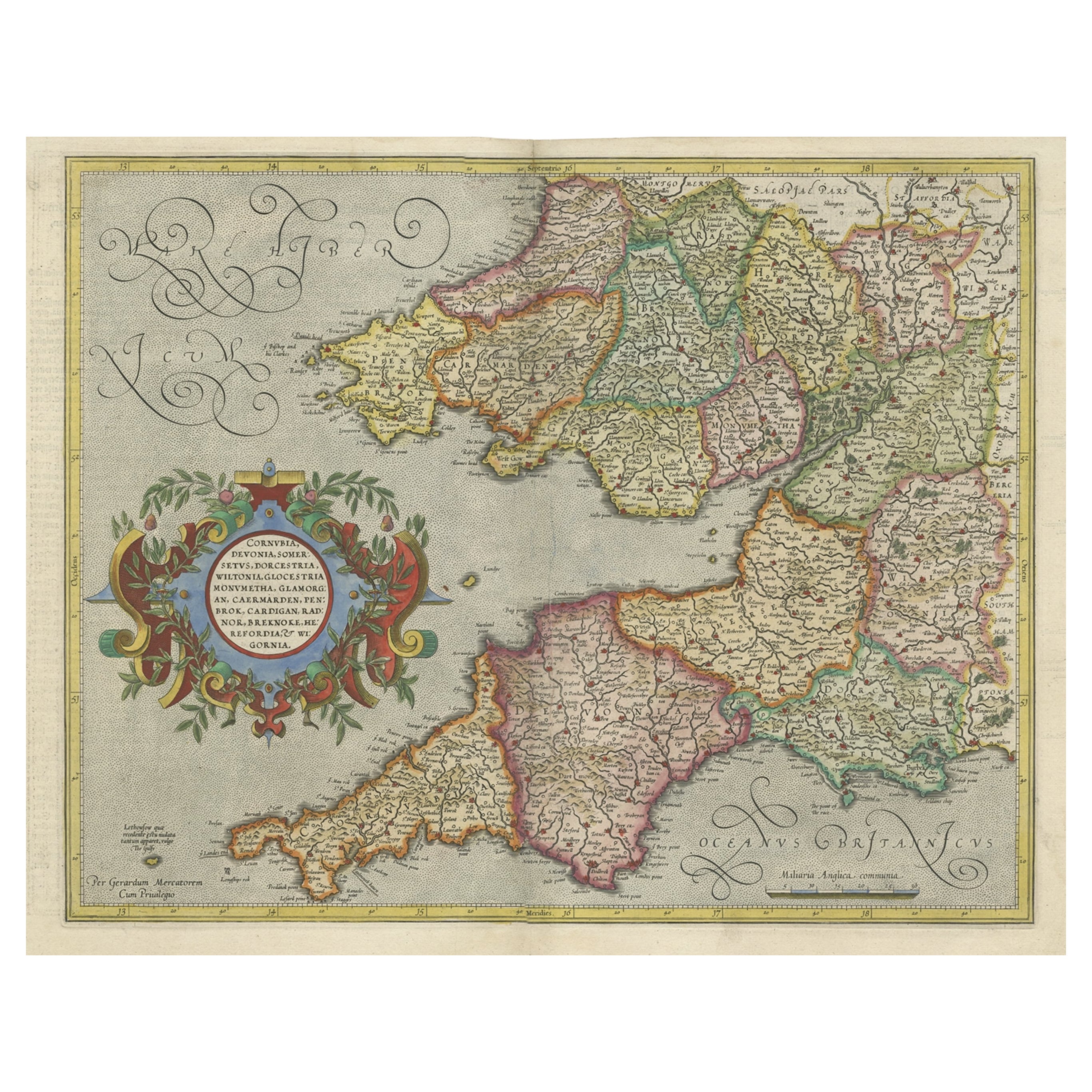 Mappa antica originale delle contee inglesi della Cornovaglia, del Devon, del Dorset, ecc, 1633
