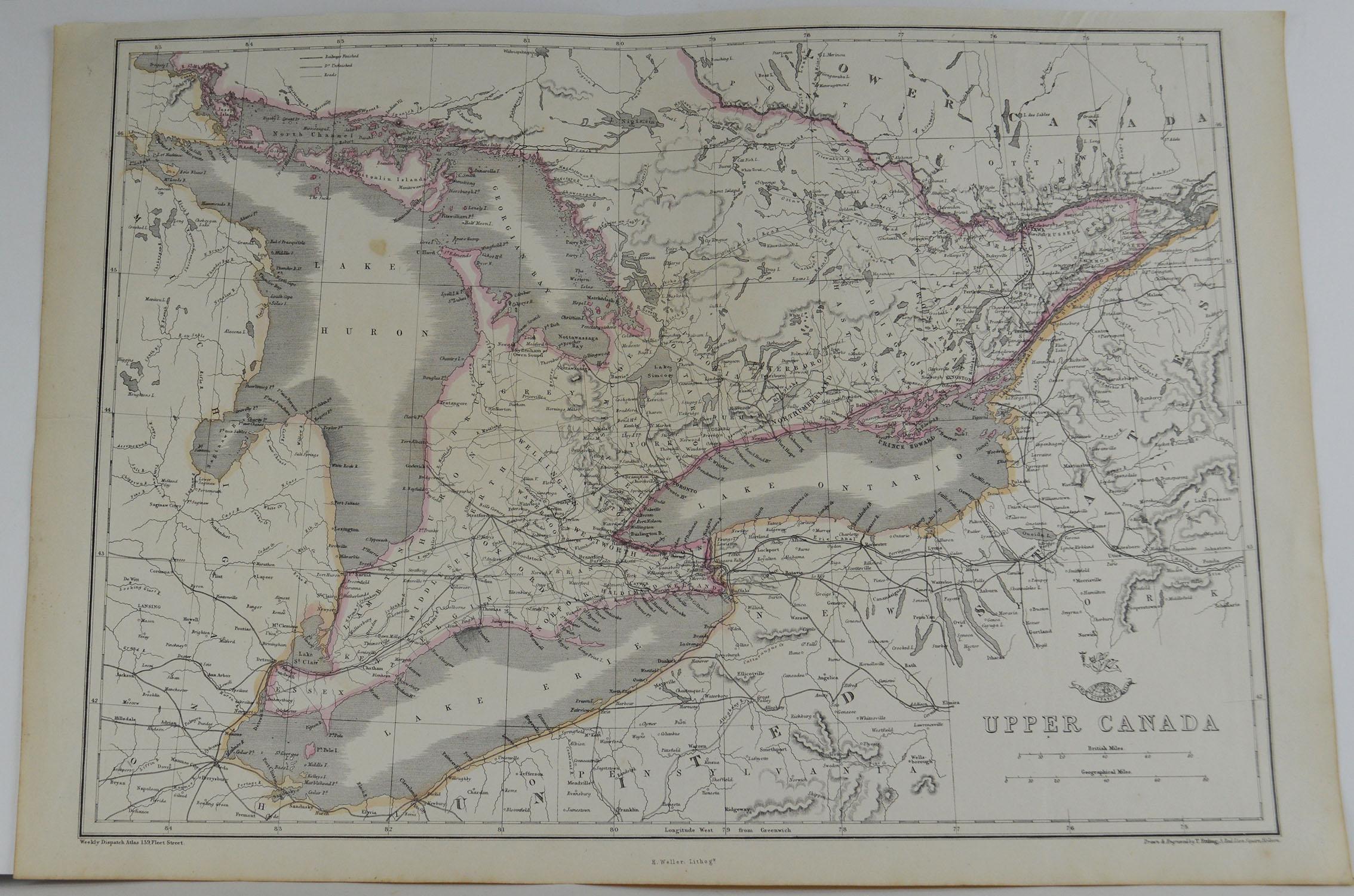 Great map of The Great Lakes

Steel engraving with original color outline

Drawn and engraved by T.Ettling

Published in the weekly Dispatch Atlas, 1861

Unframed.
  