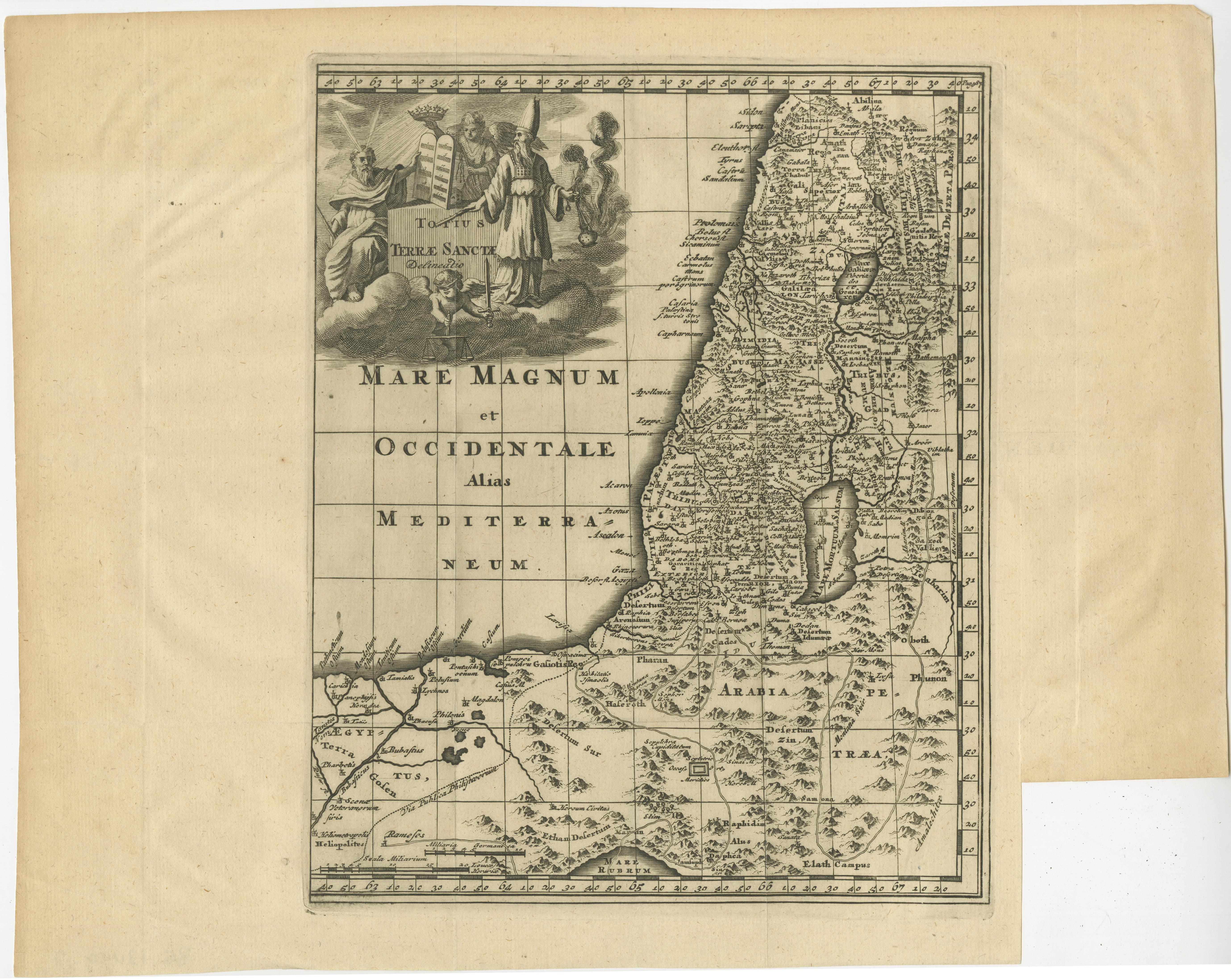 Antike Karte mit dem Titel 'Totius Terrae Sanctae'. Originale alte Karte des Heiligen Landes, mit einer großen dekorativen Kartusche. Der Begriff 