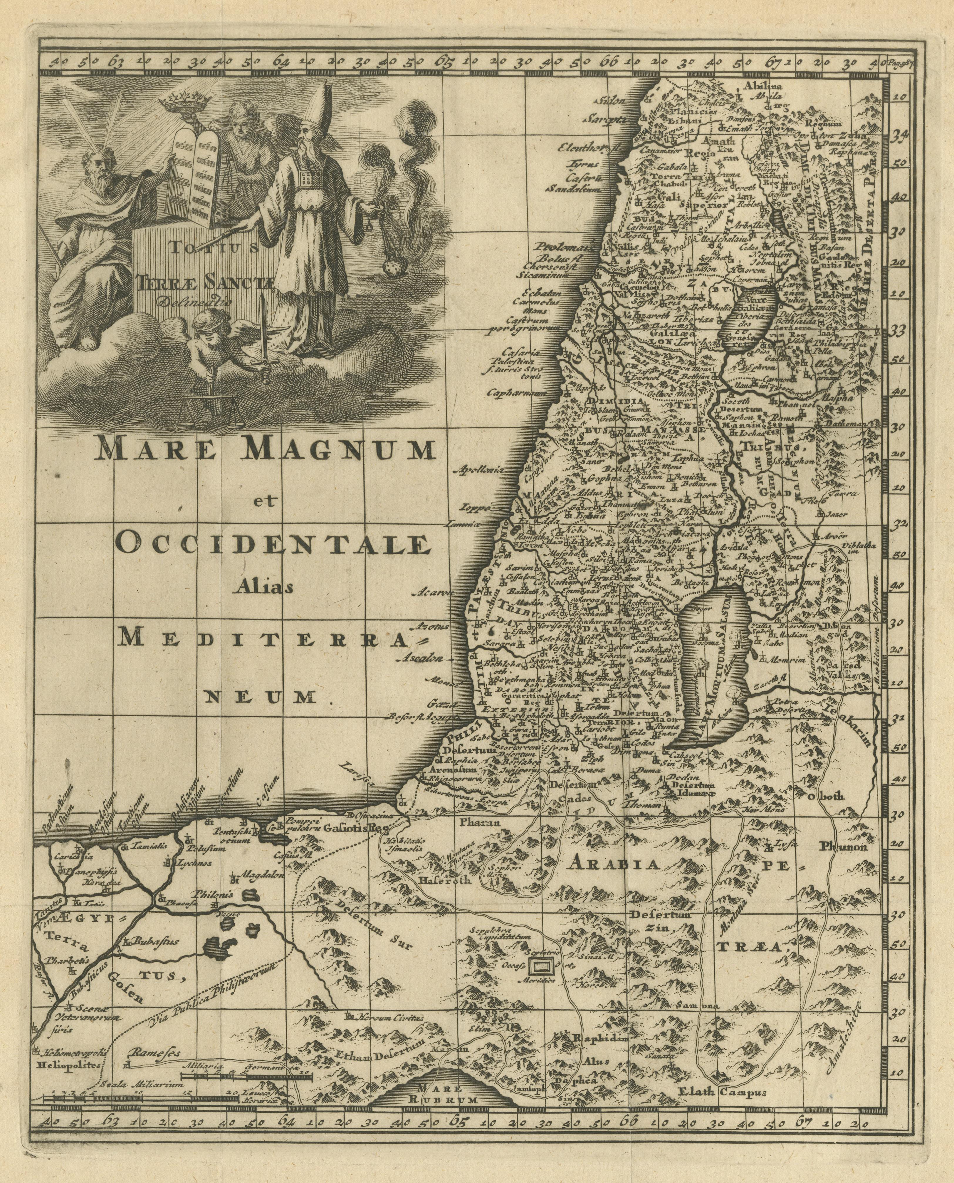 Originale antike Karte des Heiligen Landes mit dekorativer Kartusche im Zustand „Gut“ im Angebot in Langweer, NL