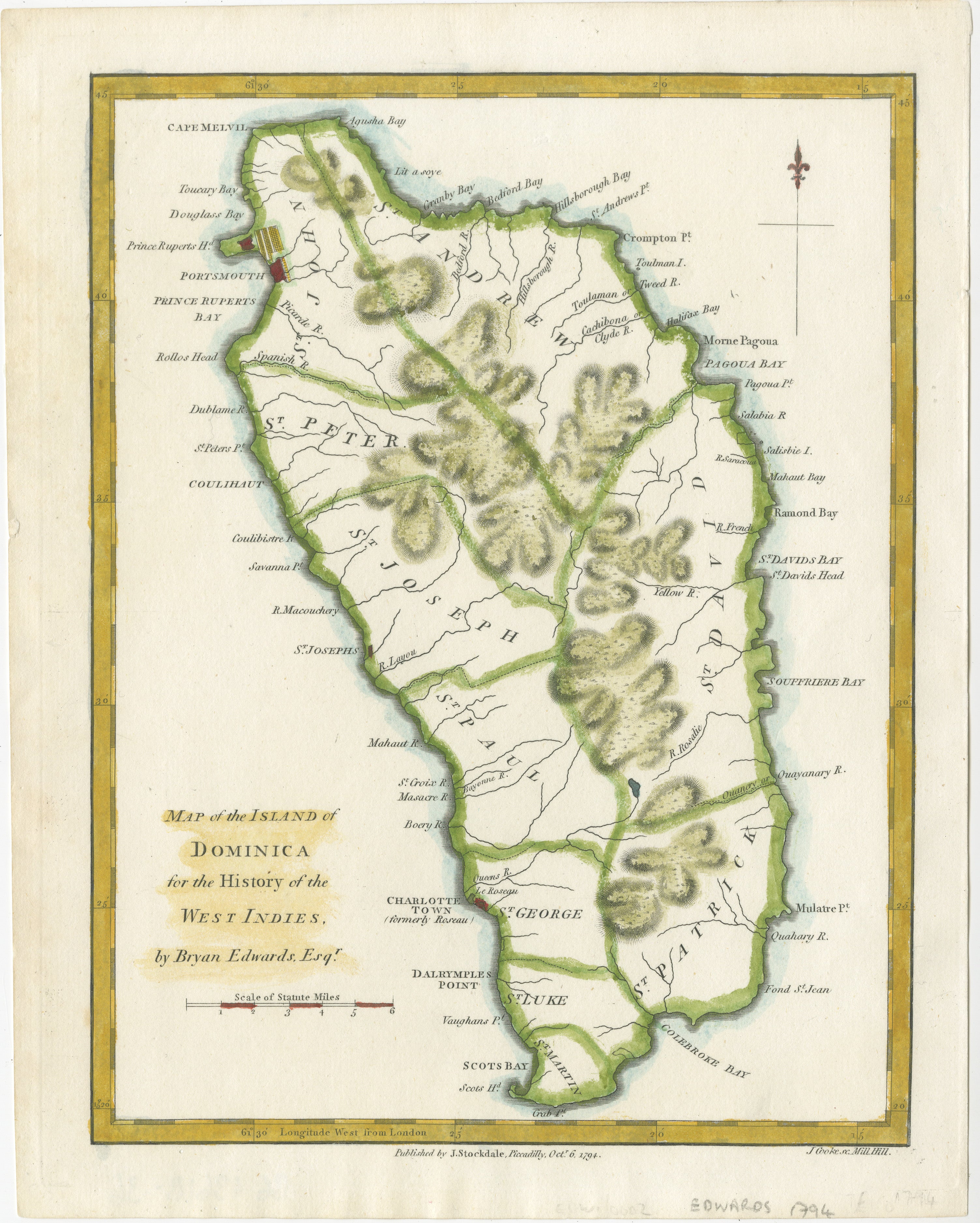 MAP OF THE ISLAND OF DOMINICA for the History of the West Indies, by Bryan Edwards. Esq.

Dominica, an island renowned for its lucrative exports of sugar, cocoa, and coffee, operated on a thriving but deeply troubling slave-based economy during the
