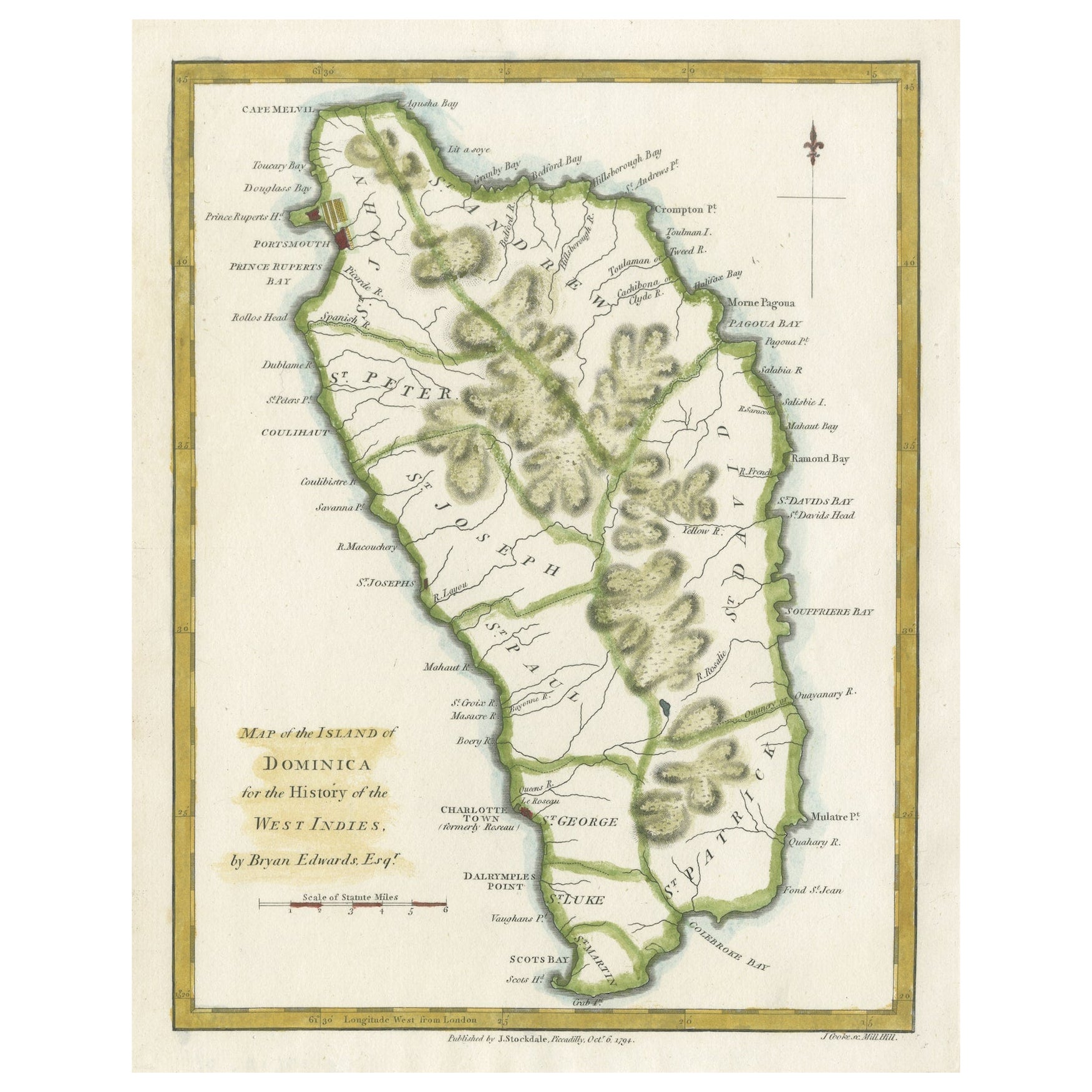 Mappa antica originale dell'Isola di Dominica nelle Indie Occidentali, 1794