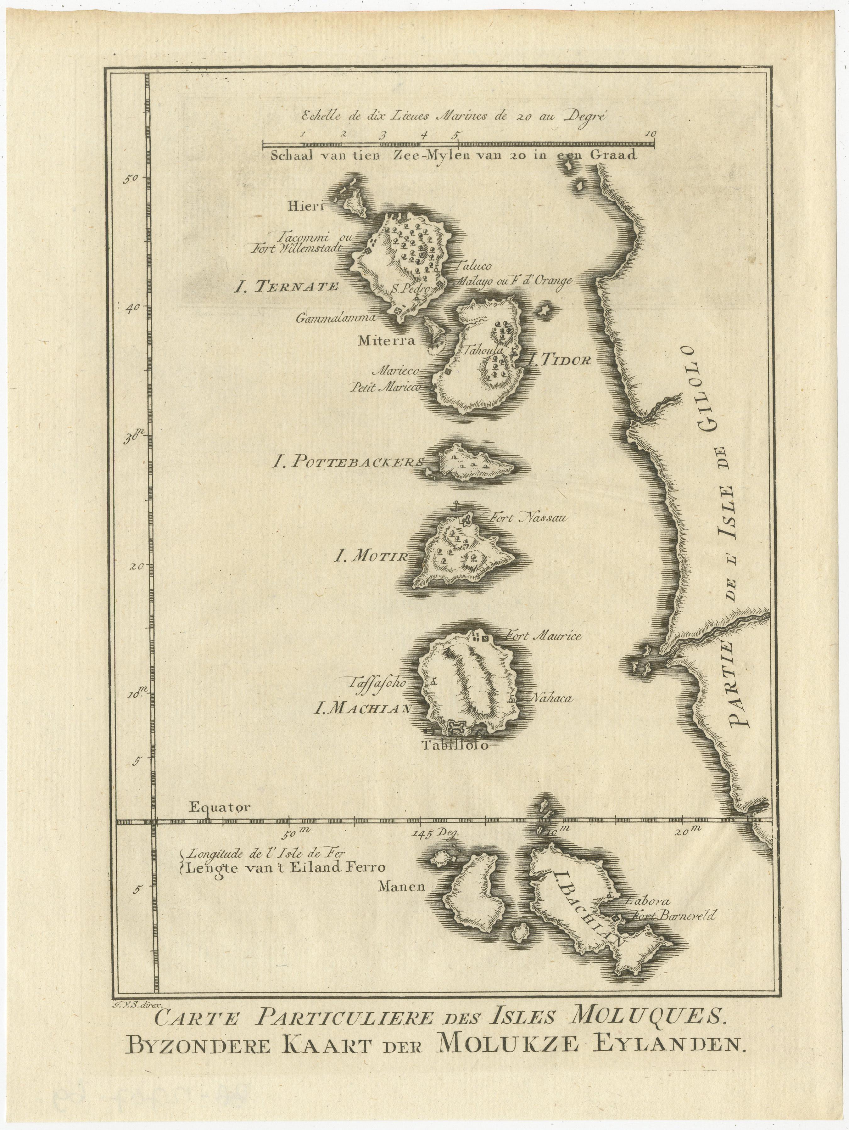 Antique map titled 'Carte Particuliere des Isles Moluques - Byzondere Kaart der Molukze Eylanden'. This map depicts the islands of Herij, Ternate, Tidor, Pottebackers, Timor, Machian and Bachian. The Moluccan islands were once part of the Dutch East