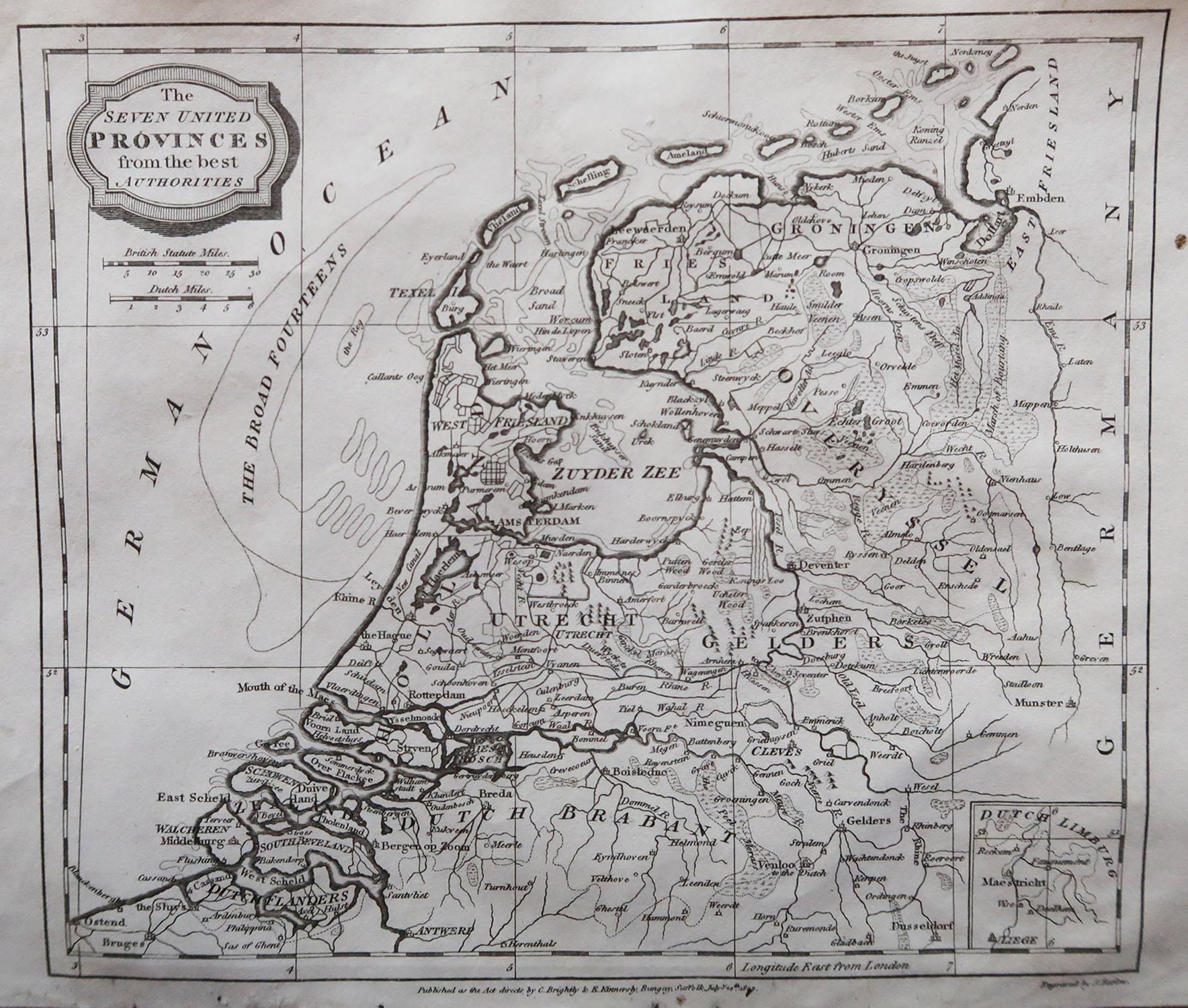 Great map of Netherlands

Copper-plate engraving by Barlow

Published by Brightly & Kinnersly, Bungay, Suffolk. 

Dated 1807

Unframed.