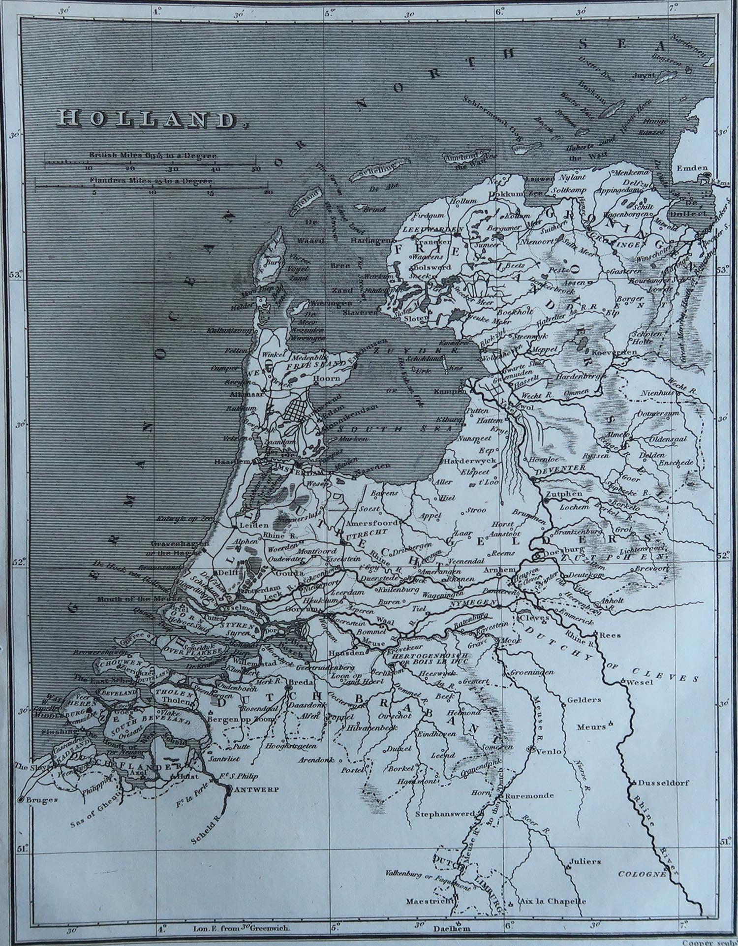 Great map of The Netherlands

Copper-plate engraving by Cooper

Published by Sherwood, Neely & Jones.

Dated 1809

Unframed.