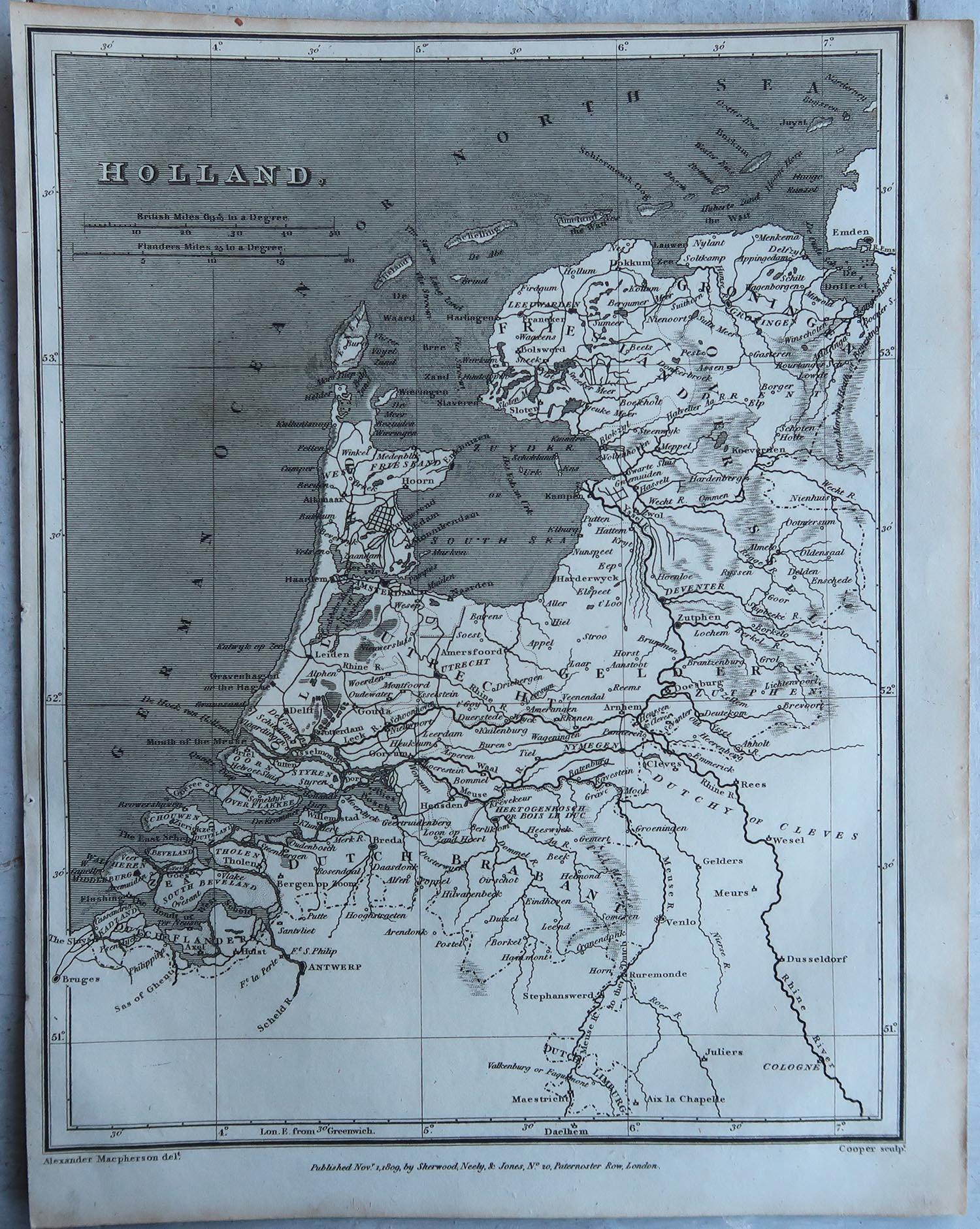 English Original Antique Map of The Netherlands, Sherwood, Neely & Jones, Dated 1809 For Sale
