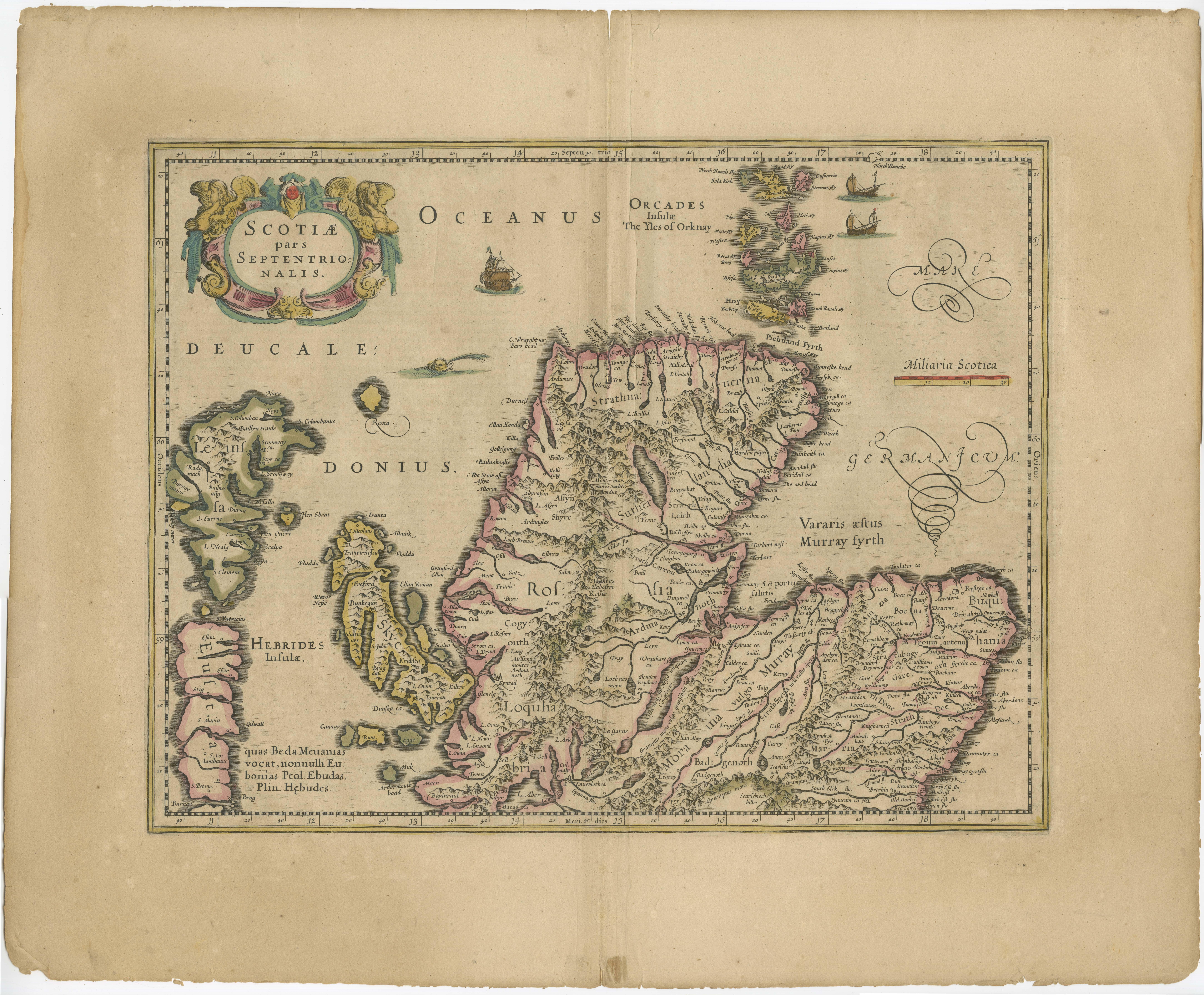 The antique map, titled 'Scotiae pars septentrionalis,' depicts the northern part of Scotland. Crafted by Hondius around 1640, this map is a historical treasure showcasing the geographical details of that period. Alongside the cartographic elements,