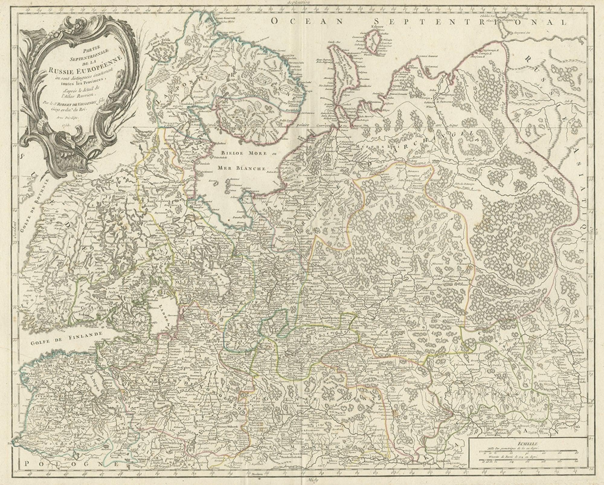 Antique map titled 'Partie septentrionale de la Russie Européenne'. 

Detailed map of the Northwestern part of Russia, from the Gulf of Finland and Poland, to the western part of Asian Russia.

Artists and Engravers: Gilles Robert de Vaugondy