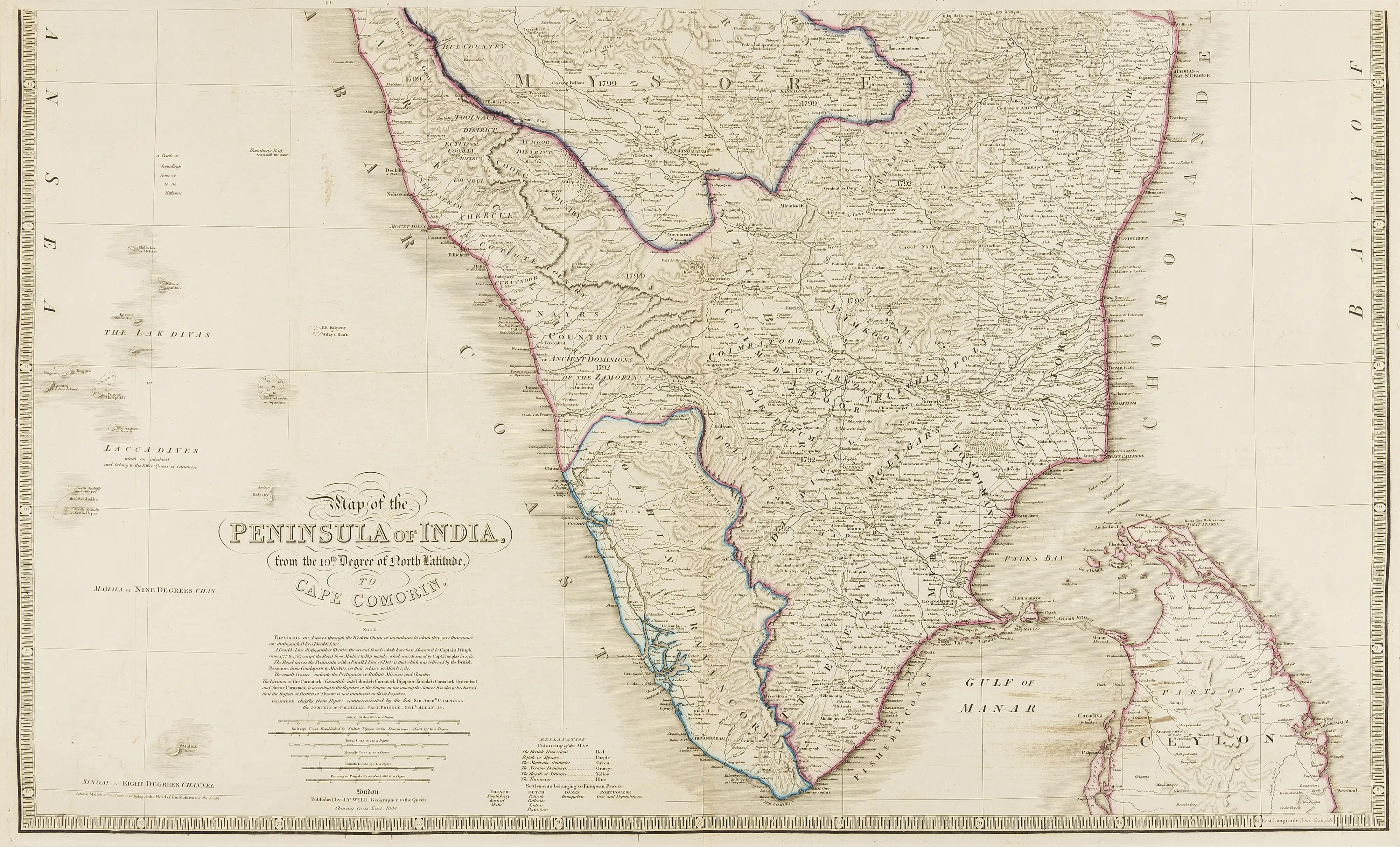 This extensive map of India, spanning two sheets, draws from Reynell’s original map and incorporates data provided by Sir Archibald Campbell, as well as surveys conducted by Colonel Pringle and Colonel Allan. It features a comprehensive list of