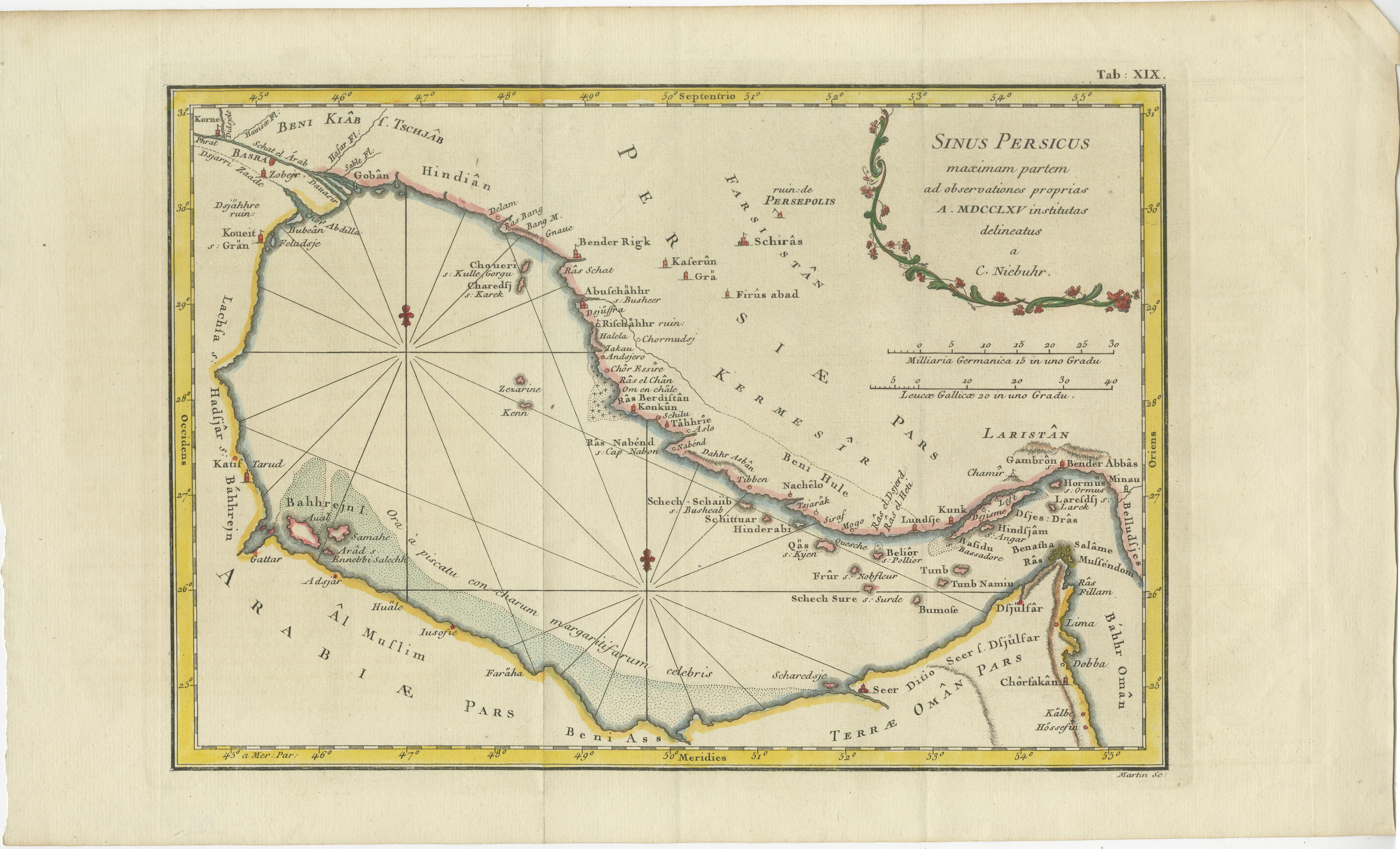 Antique map titled 'Sinus Persicus maximam partem (..)'. An attractive antique map of the Persian Gulf, delicately engraved and charmingly colored. The map stretches from Basra on the Arvand River in the northwest to past the Strait of Hormuz in the