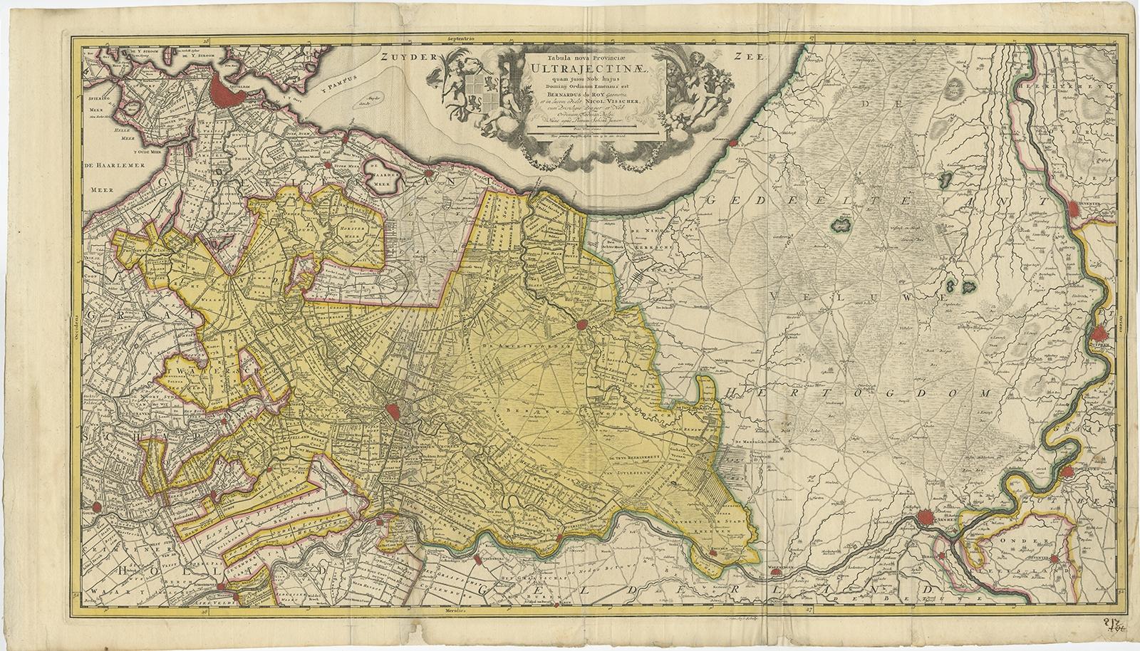 Antique map titled ‘Tabula Nova Provinciae Ultrajectinae (..)’. 

Original antique map of the province of Utrecht, the Netherlands. It shows the region of Amsterdam, Utrecht, Gouda, Schoonhoven, Muiden, Naarden, Amersfoort, Vianen, Culemborg, Wijk