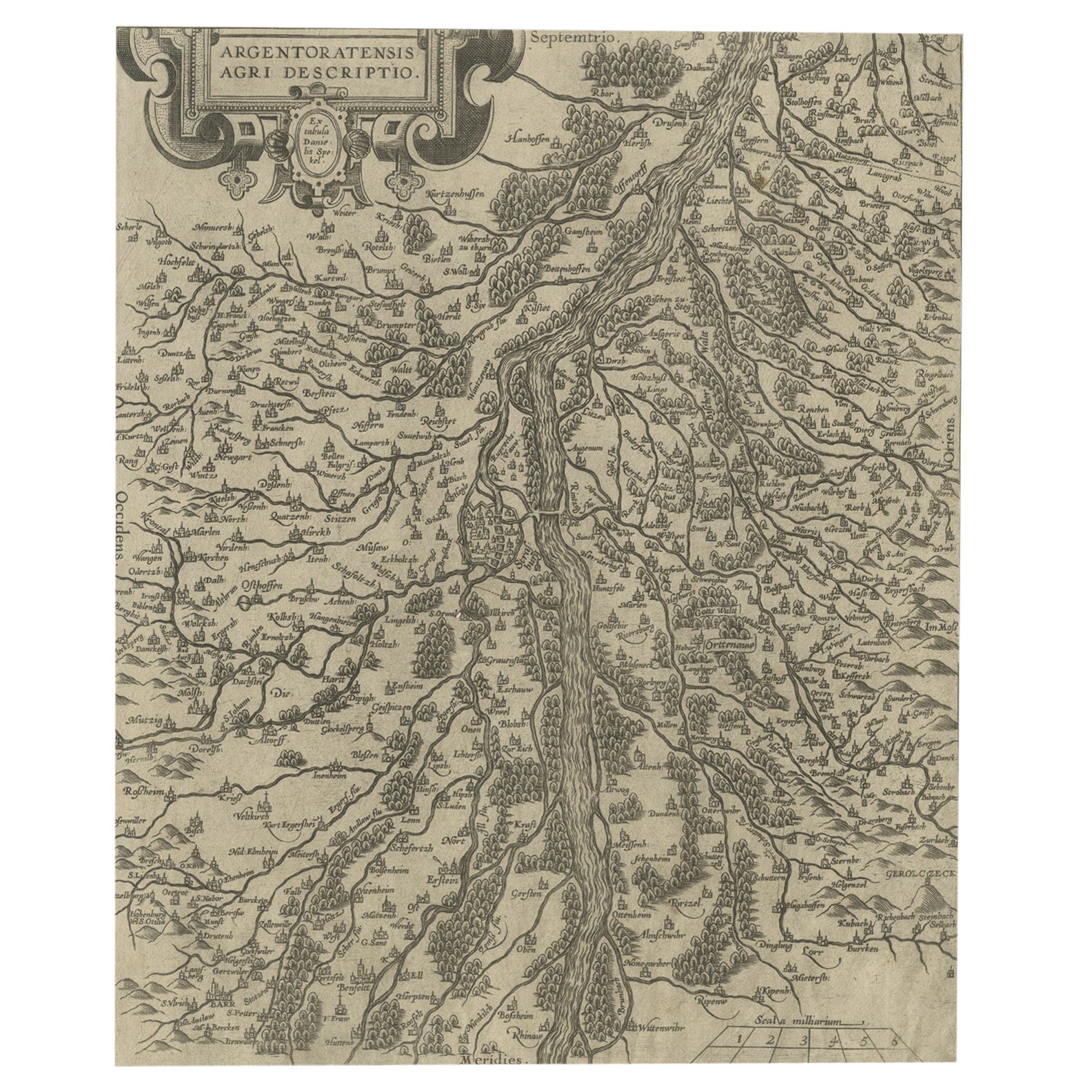 Mappa antica originale del Reno, a sud e a nord di Strasburgo, Germania, 1608