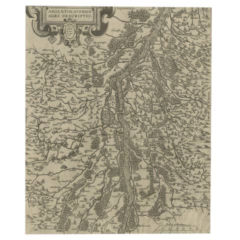 Original Antique Map of the Rhine, South and North of Strasbourg, Germany, 1608