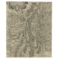 Mappa antica originale del Reno, a sud e a nord di Strasburgo, Germania, 1608
