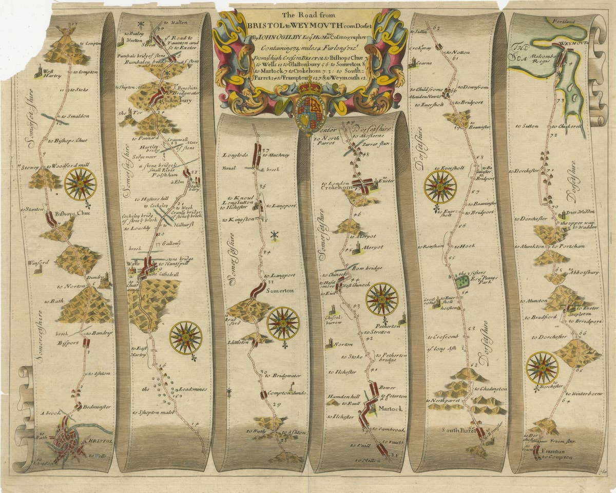 Original Antique Map of the Road from Bristol to Weymouth
