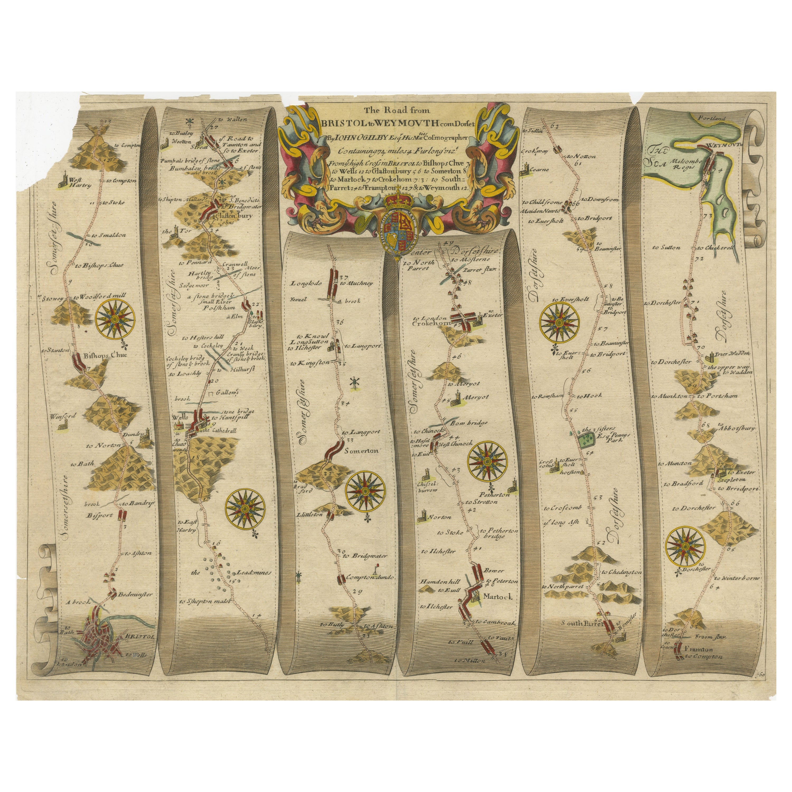 Mapa original antiguo de la carretera de Bristol a Weymouth en venta