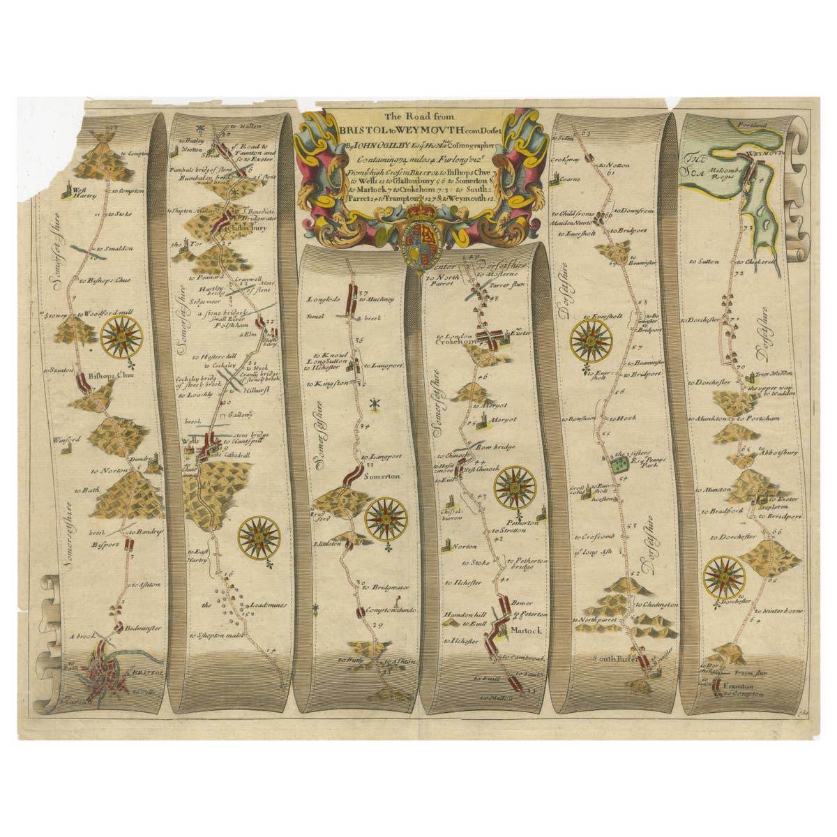 Original Antique Map of the Road from Bristol to Weymouth