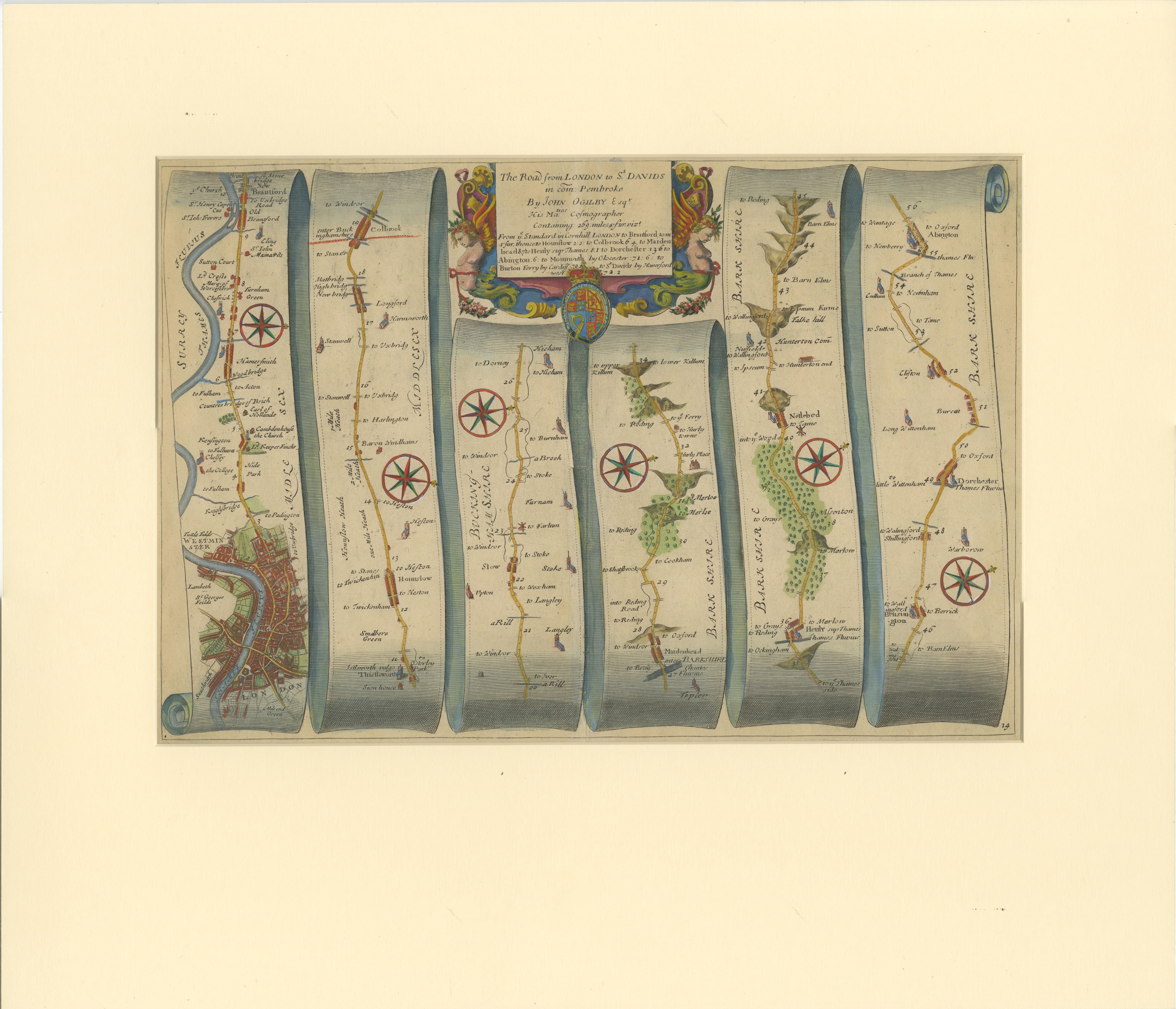 Antique map titled 'The Road from London to St. Davids in com: Pembroke (..)'. A strip map of the road from London to Bensington. The map is ornamented with numerous compass roses, and a decorative title cartouche. Originates from Ogilby's
