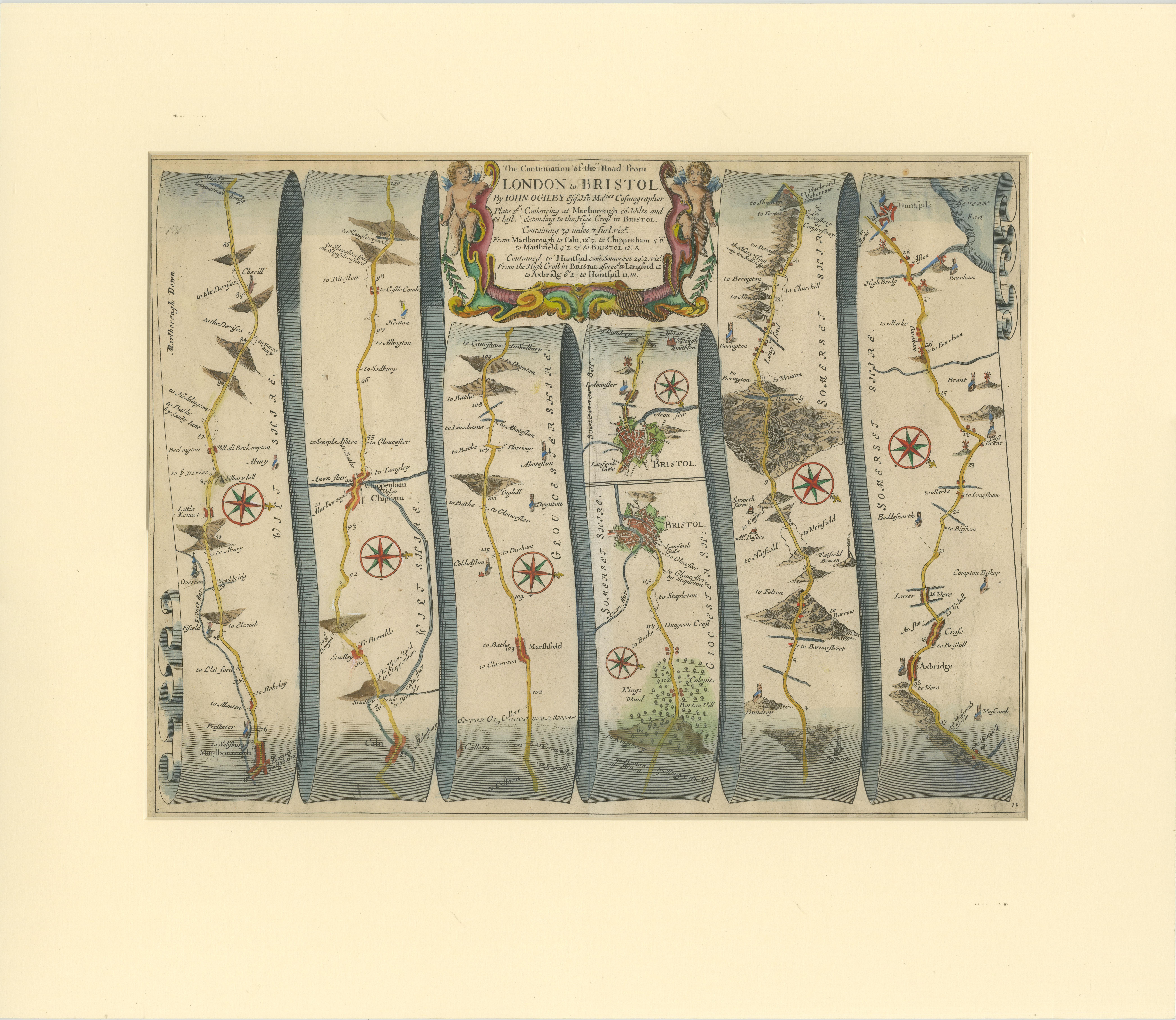 Antique map titled 'The Continuation of the Road from London to Bristol (..)'. A strip map of the continuation of the road from London to Bristol, this particular sheet showing the route from Marlborough to Huntspil. Bristol is depicted at centre,