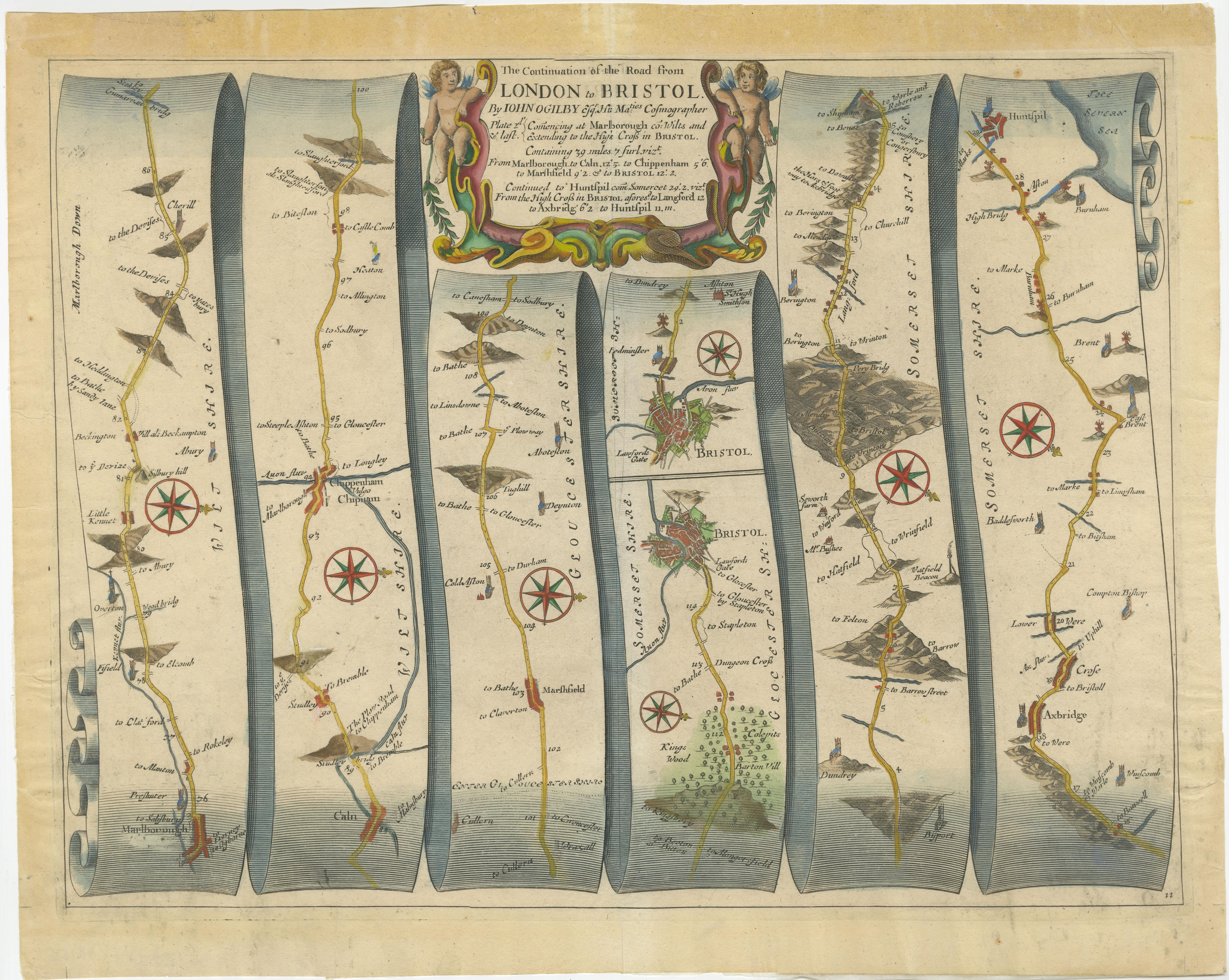 Original Antique Map of the Road from Marlborough to Huntspil In Good Condition For Sale In Langweer, NL
