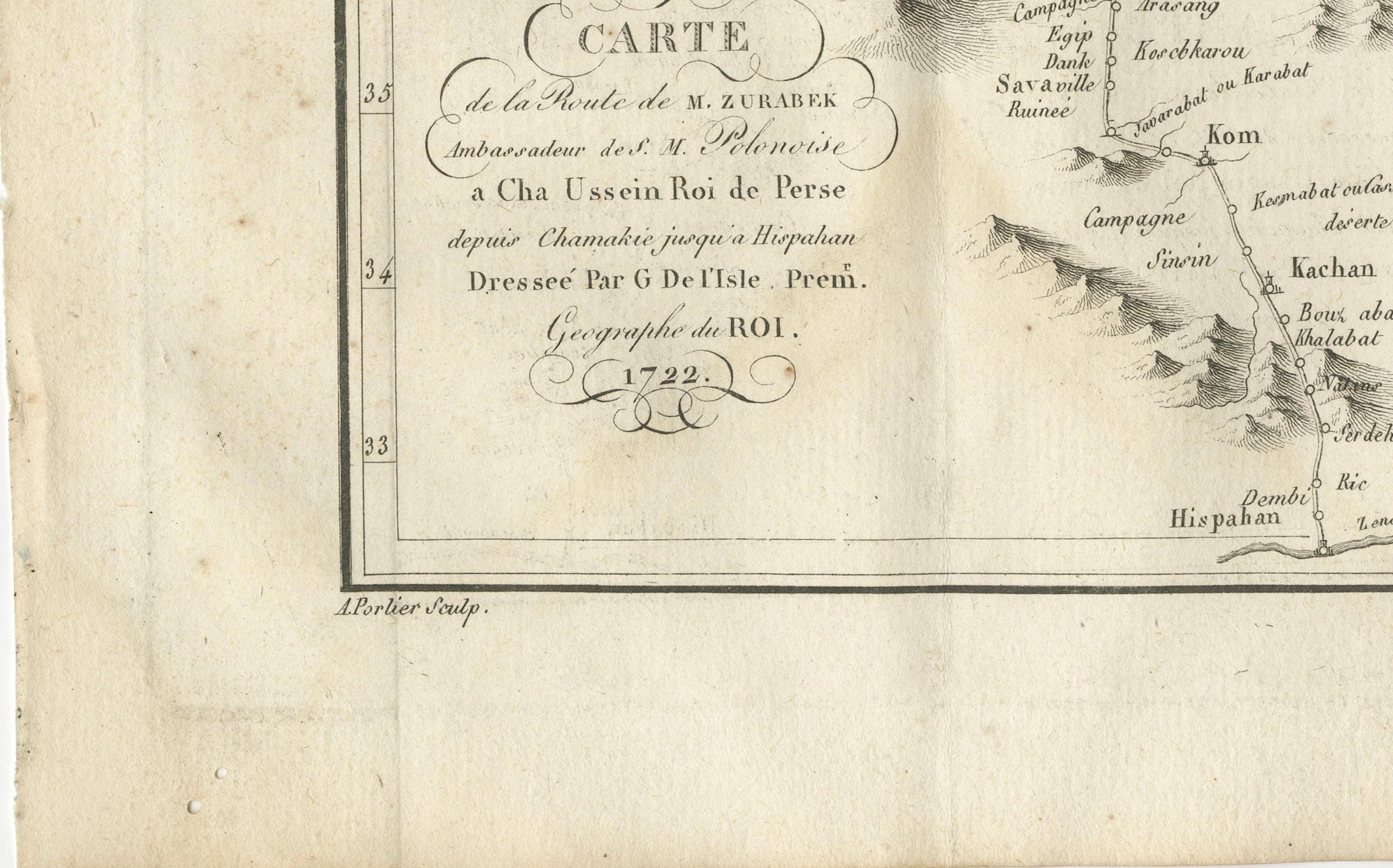 Original Antike Karte der Route von M. Zurabek - Kaspisches Meer nach Isfahan, 1722 (Graviert) im Angebot