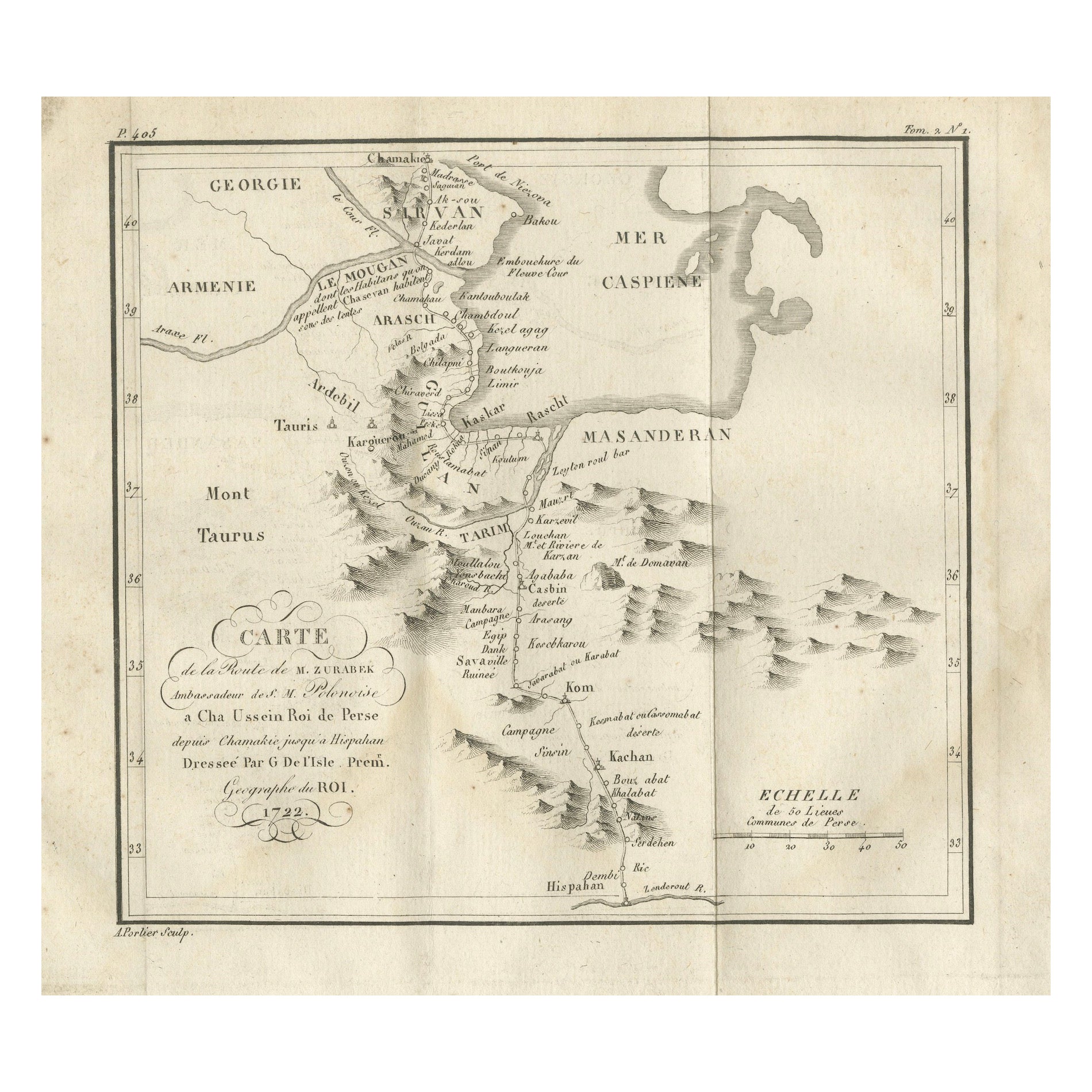 Original Antike Karte der Route von M. Zurabek - Kaspisches Meer nach Isfahan, 1722 im Angebot