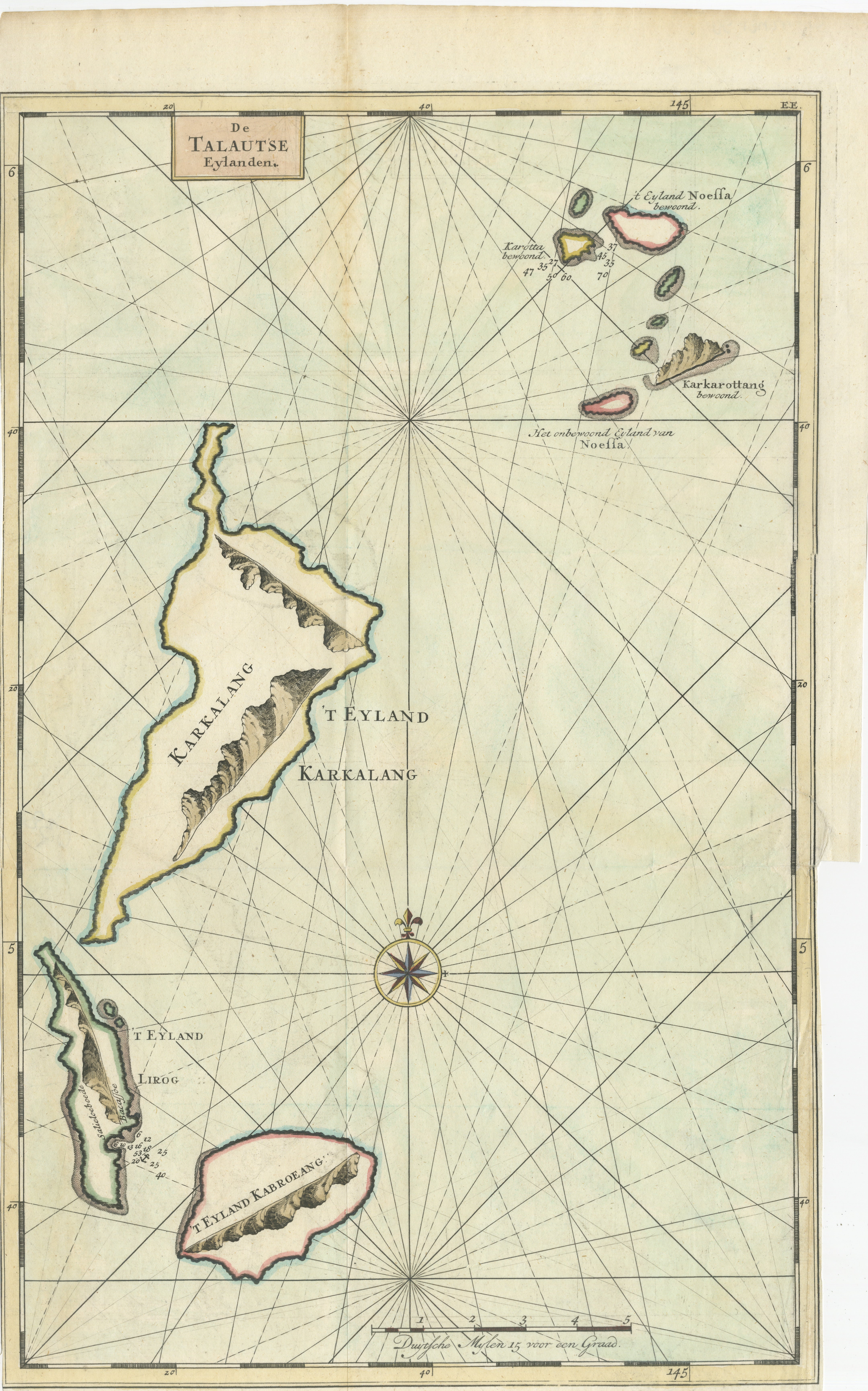 Niederländischer Druck mit dem Titel: De Talautse Eylanden

Karte der Sangi-Inseln und der Talaud-Inseln, Indonesien.

Die Karte ist entnommen aus: 'Oud en Nieuw Oost-Indiën' von François Valentyn.

1) Ottens, Frederik (Kupferstecher / Radierer)
2)