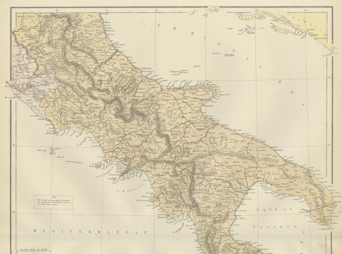 Embark on a captivating journey through the southern part of Italy with an original Antique Map from the esteemed 'Comprehensive Atlas and Geography of the World,' meticulously crafted in 1882. This exquisite map beautifully details the southern
