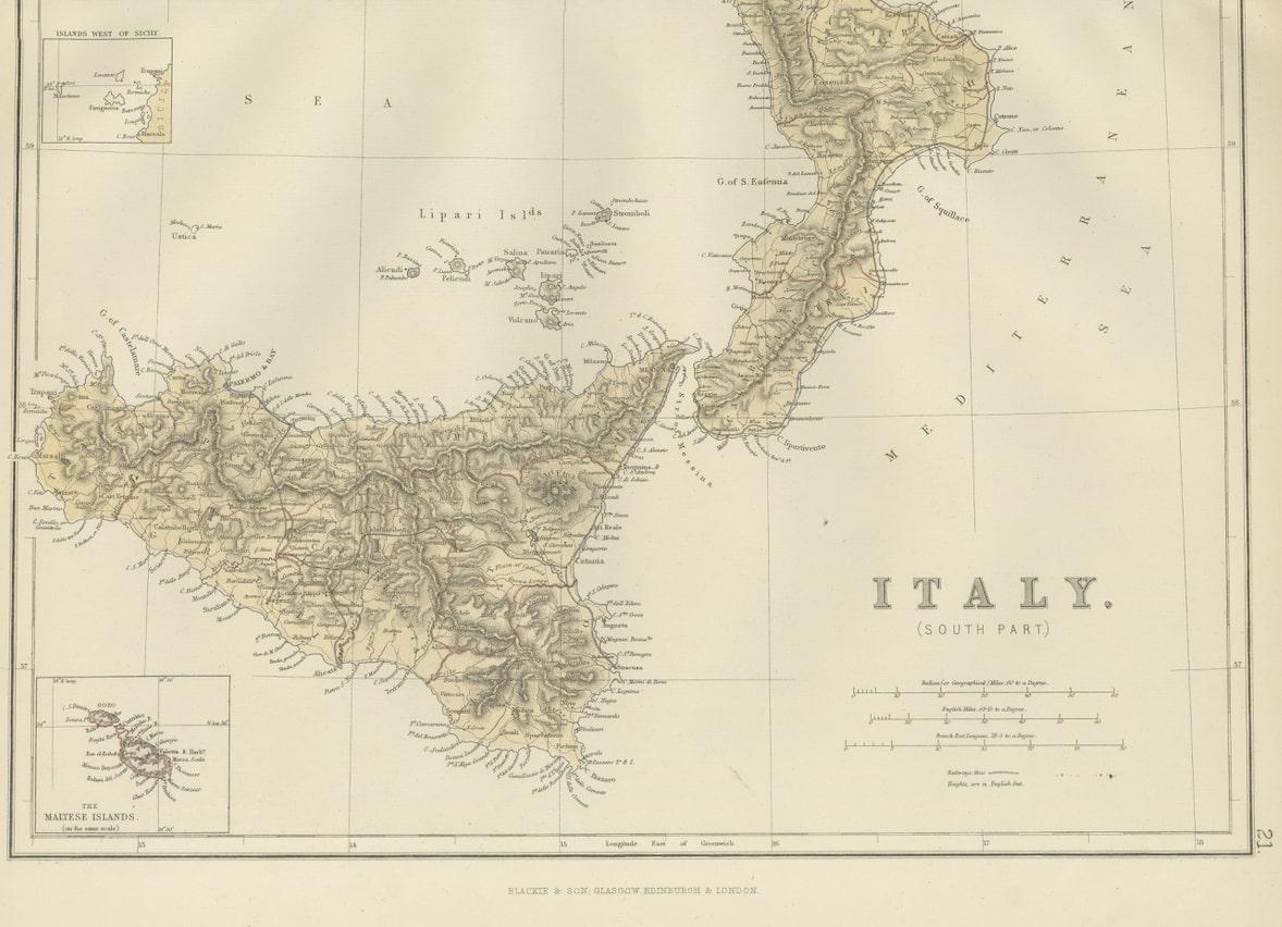 Original Antique Map of the South Part of Italy with an Inset of Malta, 1882 In Good Condition For Sale In Langweer, NL