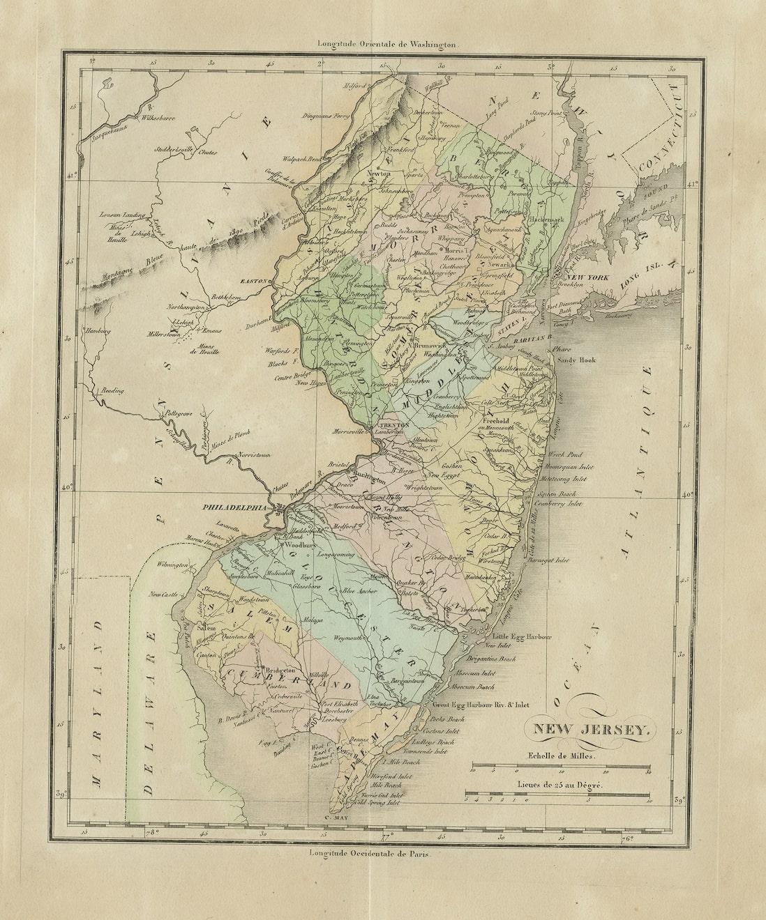 Original antique map titled 'Carte Géographique Statistique et Historique du New-Jersey'. One of the earliest obtainable maps of the State of New Jersey published outside of the United States. The map appeared in Buchon's edition of Carey & Lea's