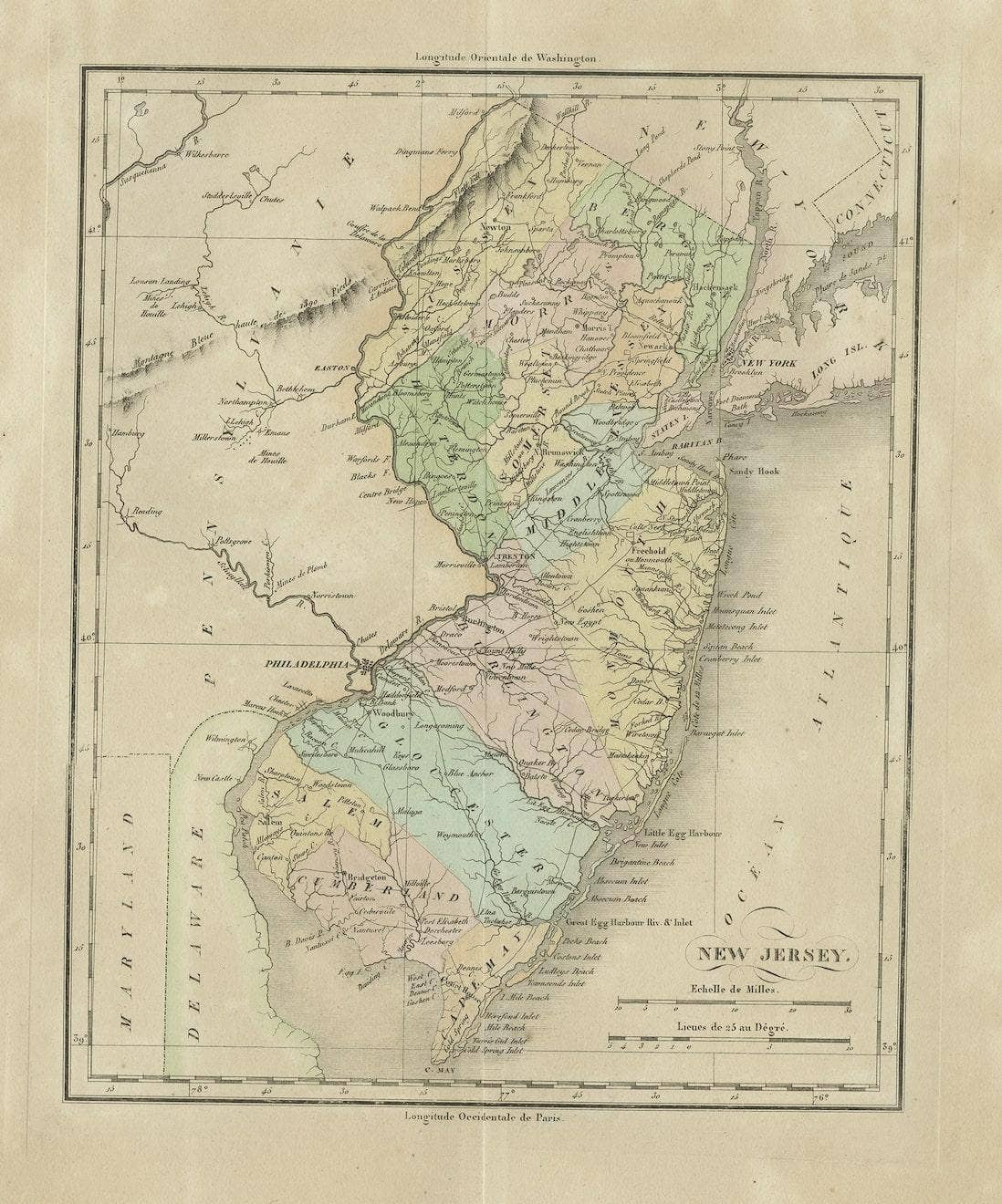 Original Antique Map of the State of New Jersey Published in France