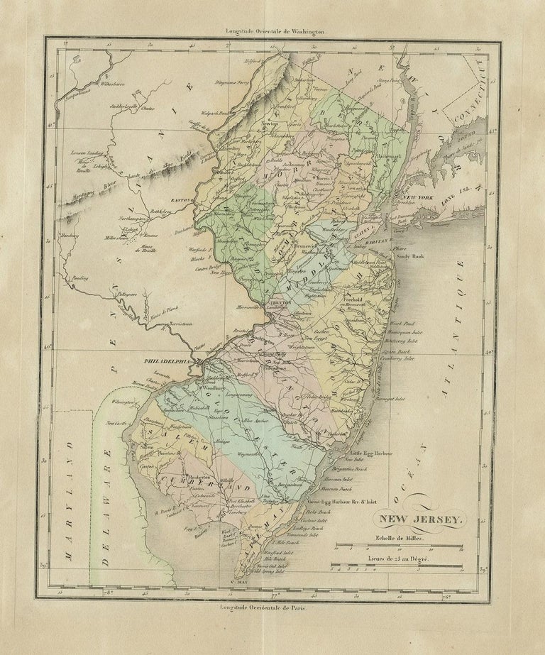 Original Antique Map of the State of New Jersey Published in France For ...
